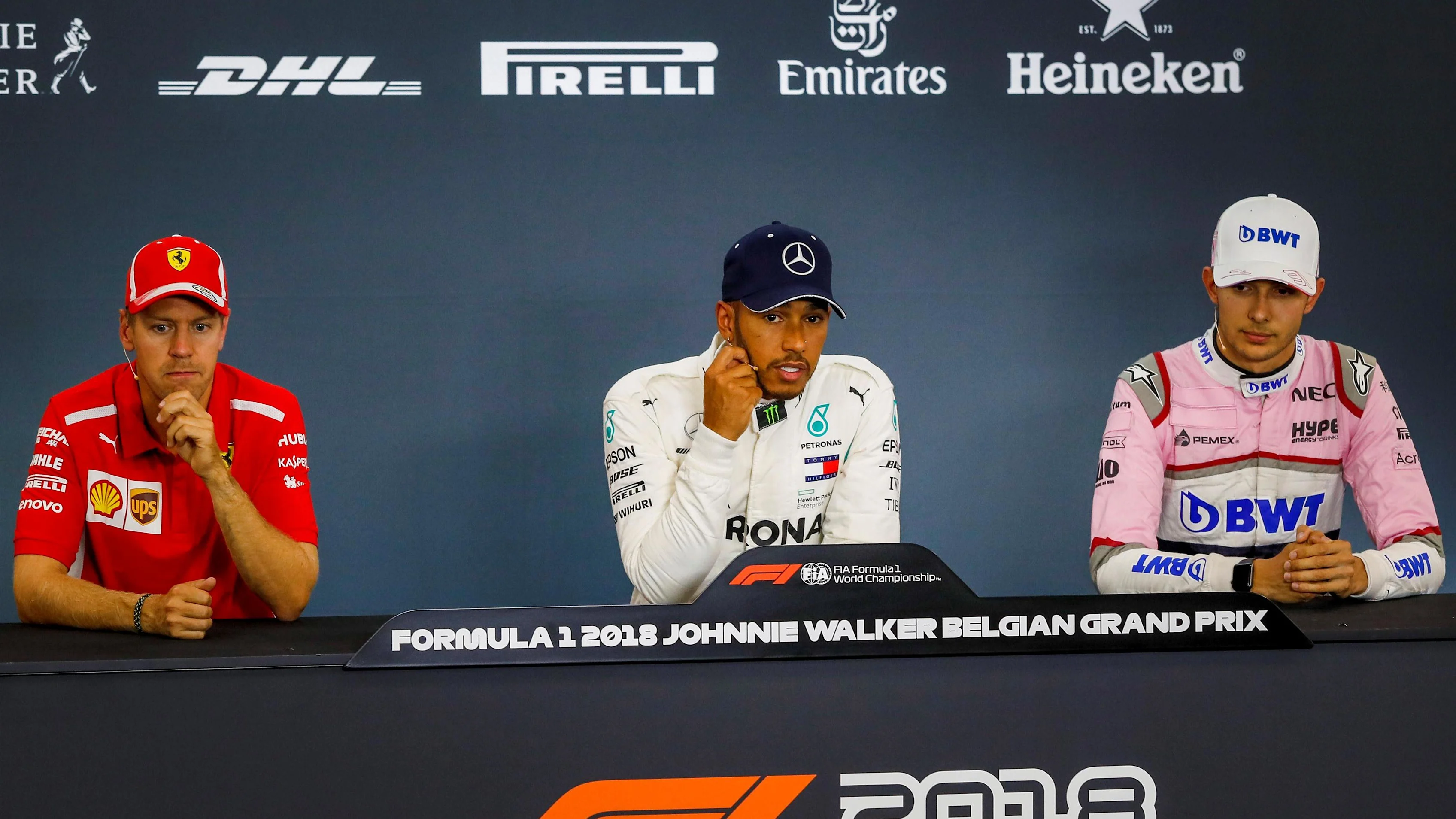 (L to R): Sebastian Vettel, Ferrari, Lewis Hamilton, Mercedes AMG F1 and Esteban Ocon, Racing Point