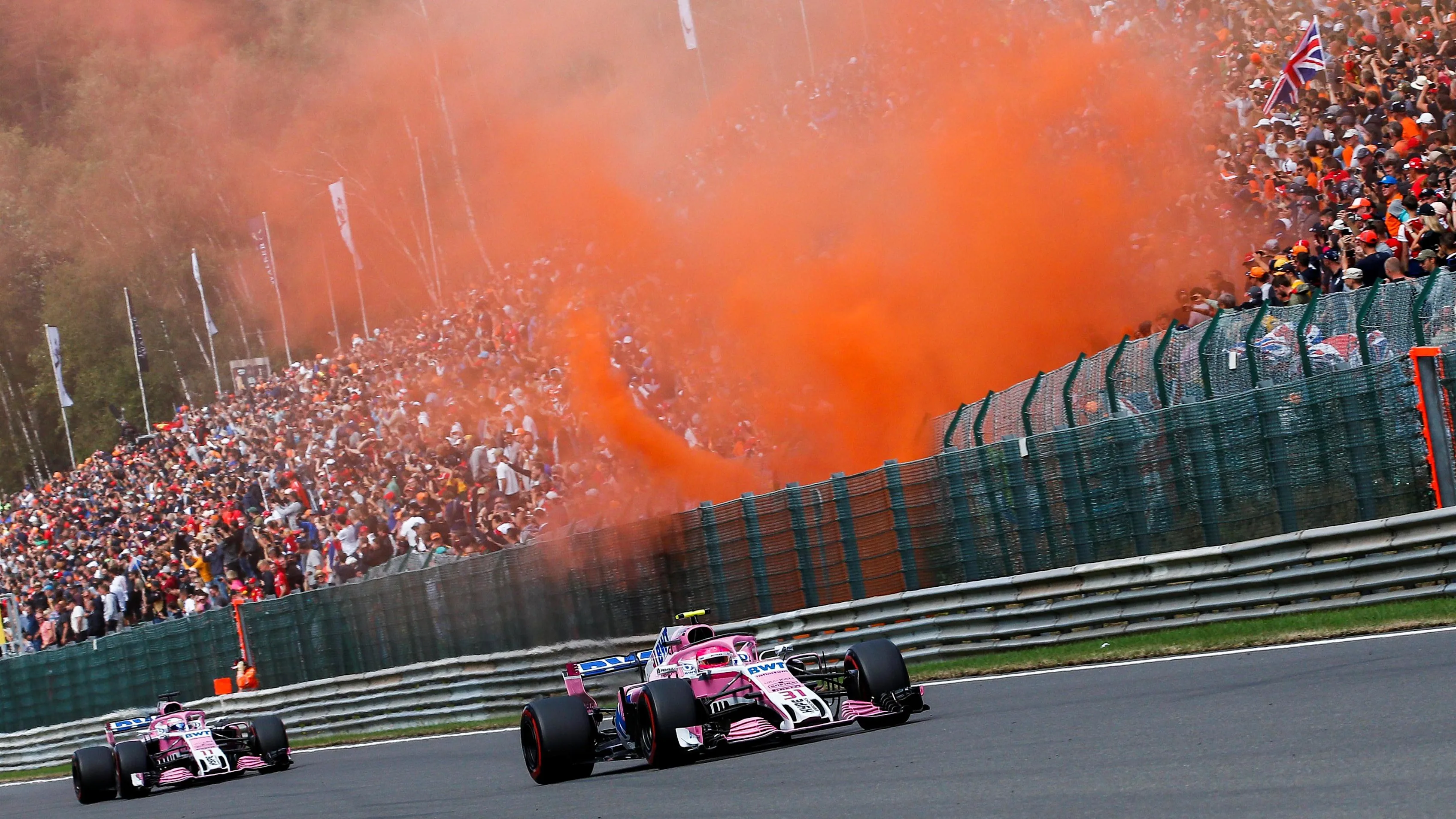 Esteban Ocon, Racing Point Force India VJM11 and Sergio Perez, Racing Point Force India VJM11 at