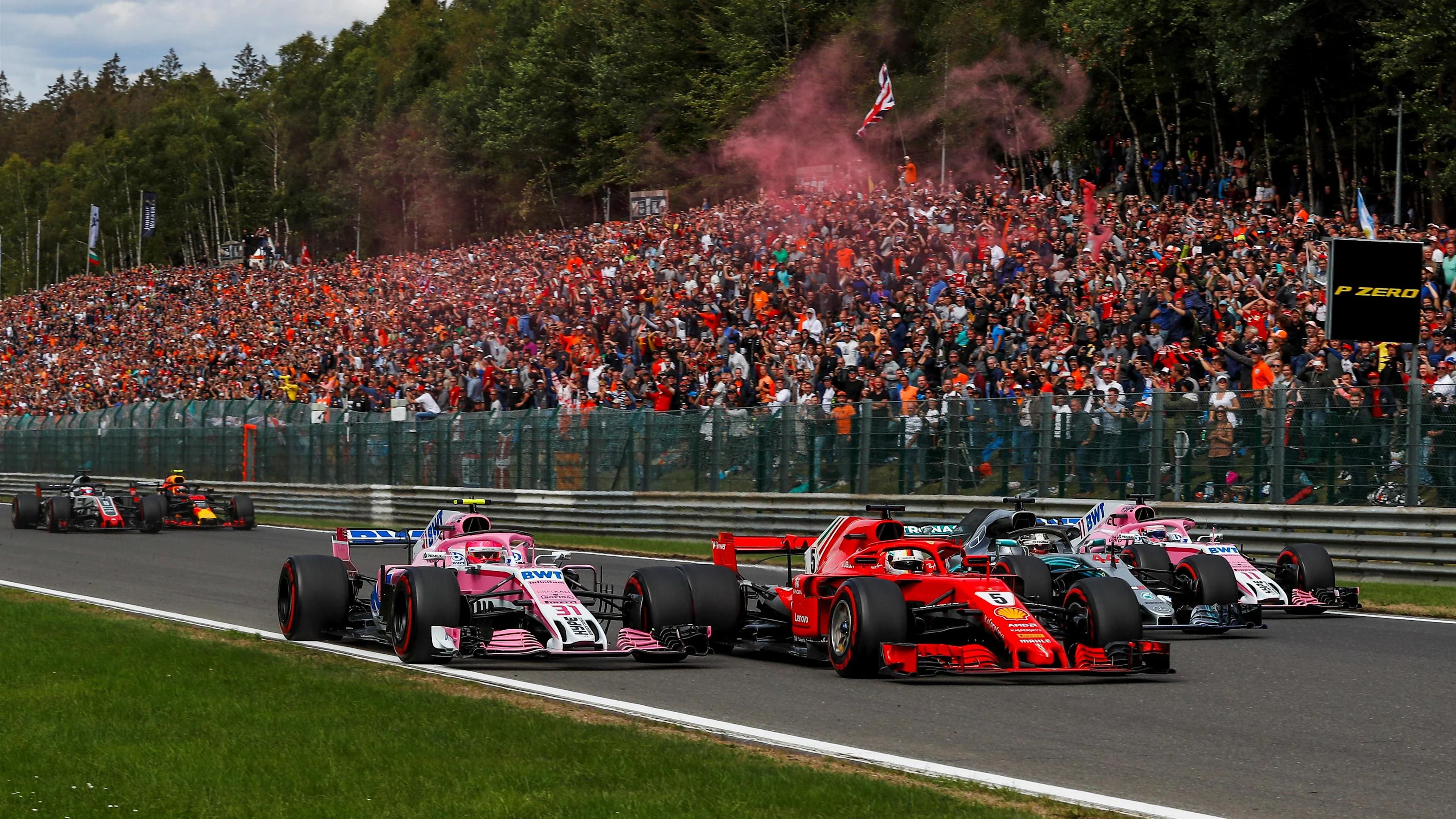 Esteban Ocon, Racing Point Force India F1 Team celebrates in parc ferme at Formula One World Championship, Rd13, Belgian Grand Prix, Qualifying, Spa Francorchamps, Belgium, Saturday 25 August 2018. © Steven Tee/LAT/Sutton Images