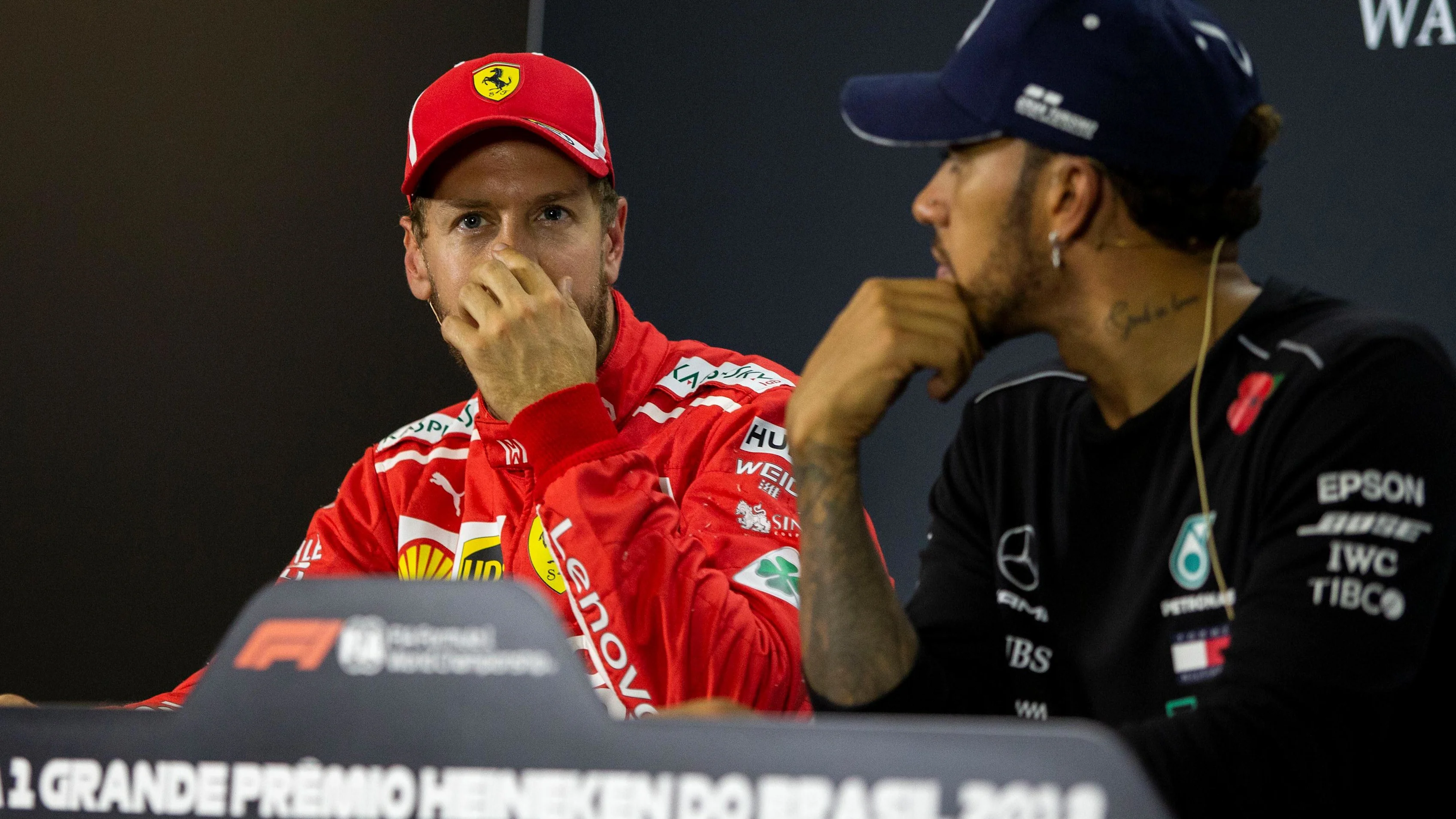 Sebastian Vettel, Ferrari and Lewis Hamilton, Mercedes AMG F1 in Press Conference at Formula One World Championship, Rd20, Brazilian Grand Prix, Qualifying, Interlagos, Sao Paulo, Brazil, Saturday 10 November 2018.