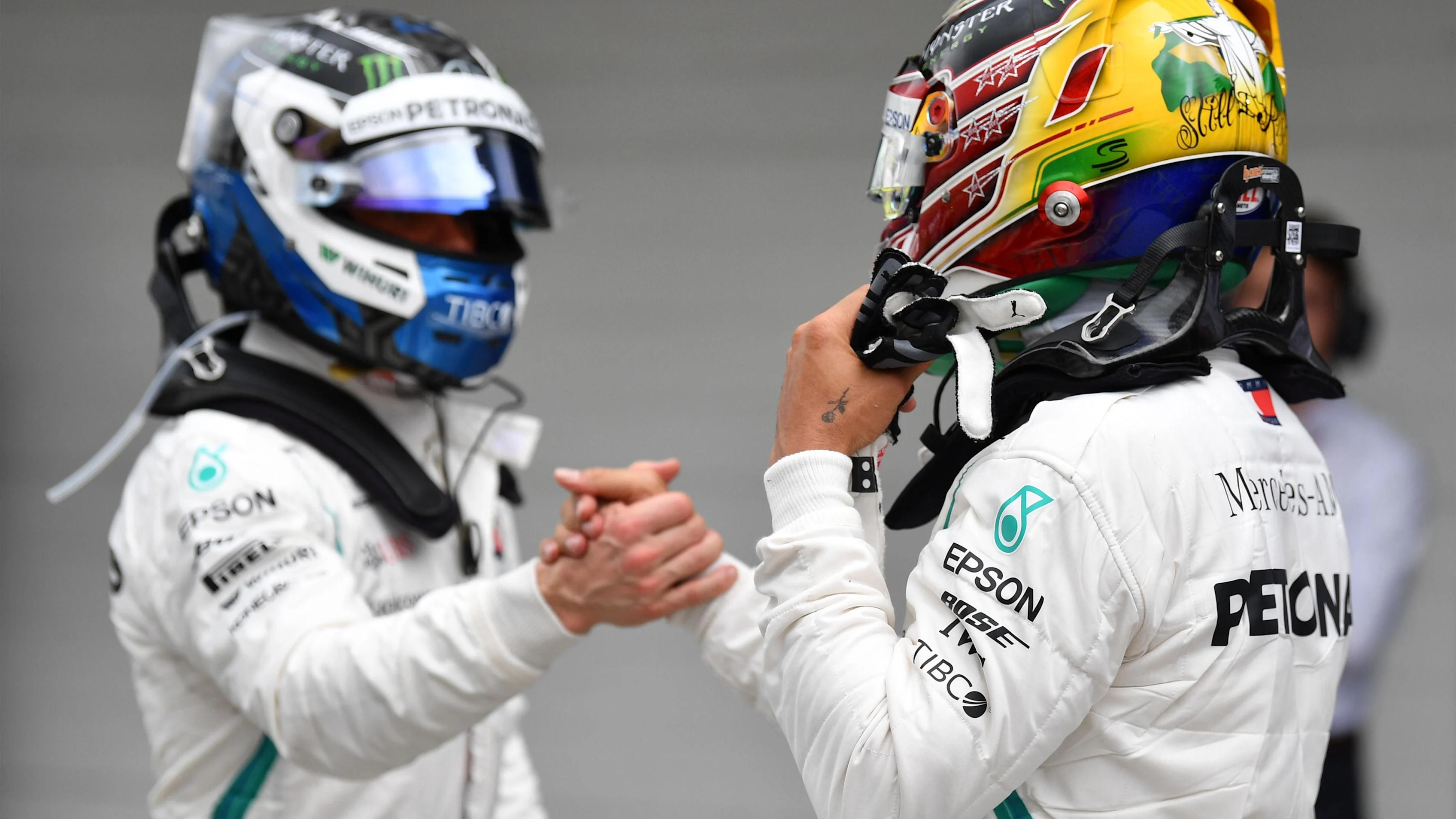 Pole sitter Lewis Hamilton, Mercedes AMG F1 and Valtteri Bottas, Mercedes AMG F1 celebrate in Parc Ferme at Formula One World Championship, Rd20, Brazilian Grand Prix, Qualifying, Interlagos, Sao Paulo, Brazil, Saturday 10 November 2018.