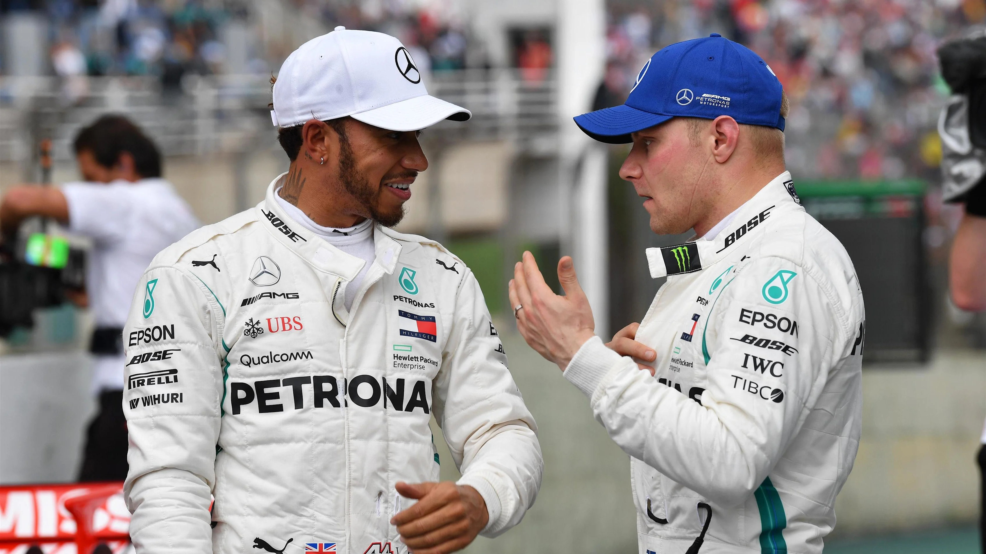 Lewis Hamilton, Mercedes AMG F1 and Valtteri Bottas, Mercedes AMG F1 in Parc Ferme at Formula One