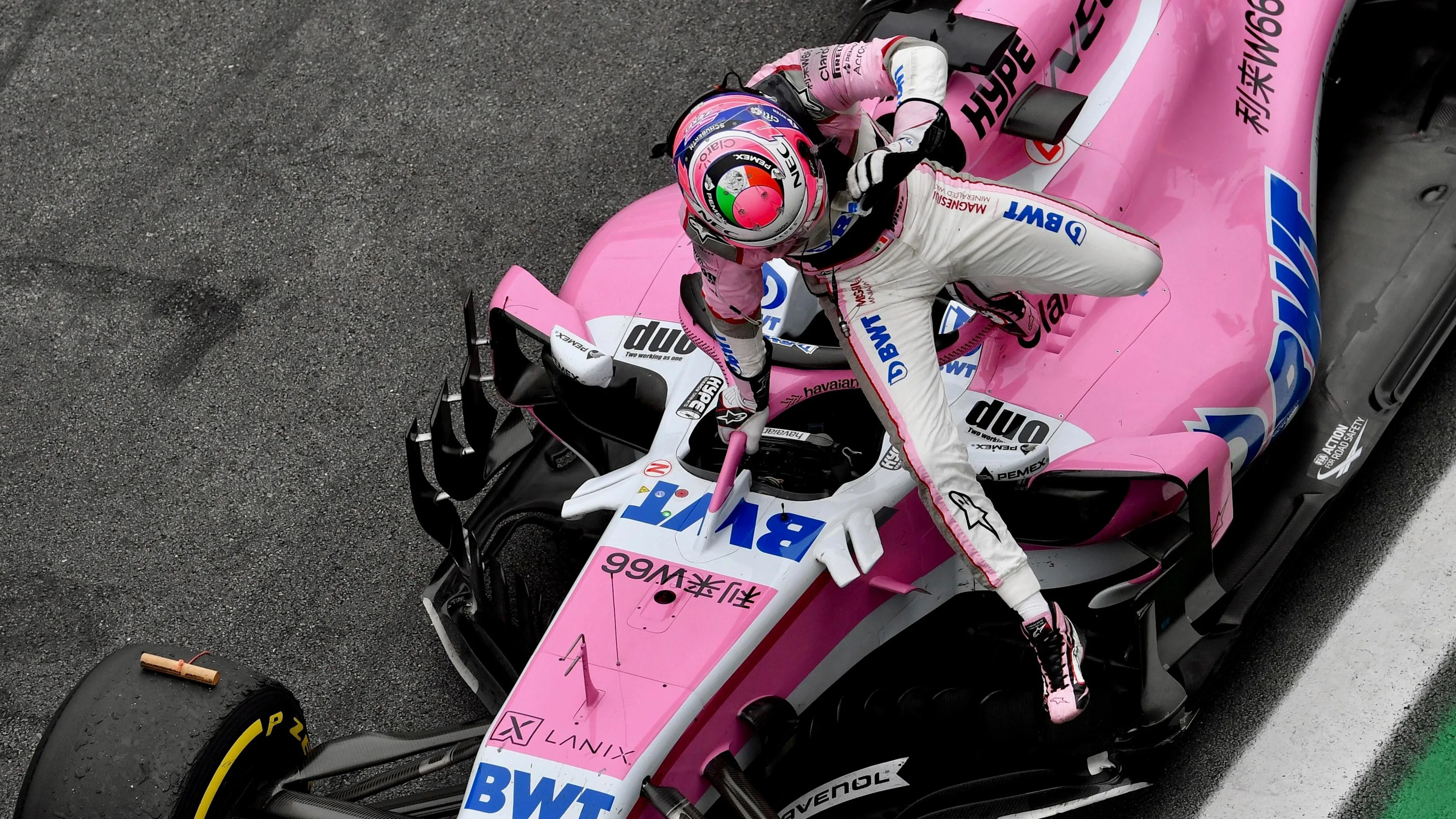 Sergio Perez, Racing Point Force India VJM11 in Parc Ferme at Formula One World Championship, Rd20, Brazilian Grand Prix, Race, Interlagos, Sao Paulo, Brazil, Sunday 11 November 2018.