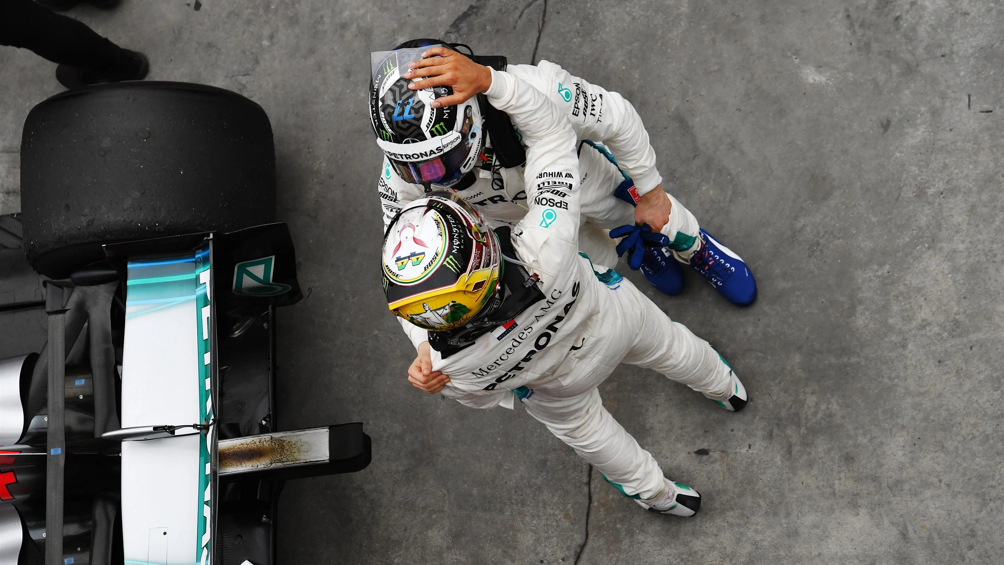 Lewis Hamilton, Mercedes AMG F1 and Valtteri Bottas, Mercedes AMG F1 W09 EQ Power+ celebrate in Parc Ferme at Formula One World Championship, Rd20, Brazilian Grand Prix, Race, Interlagos, Sao Paulo, Brazil, Sunday 11 November 2018.