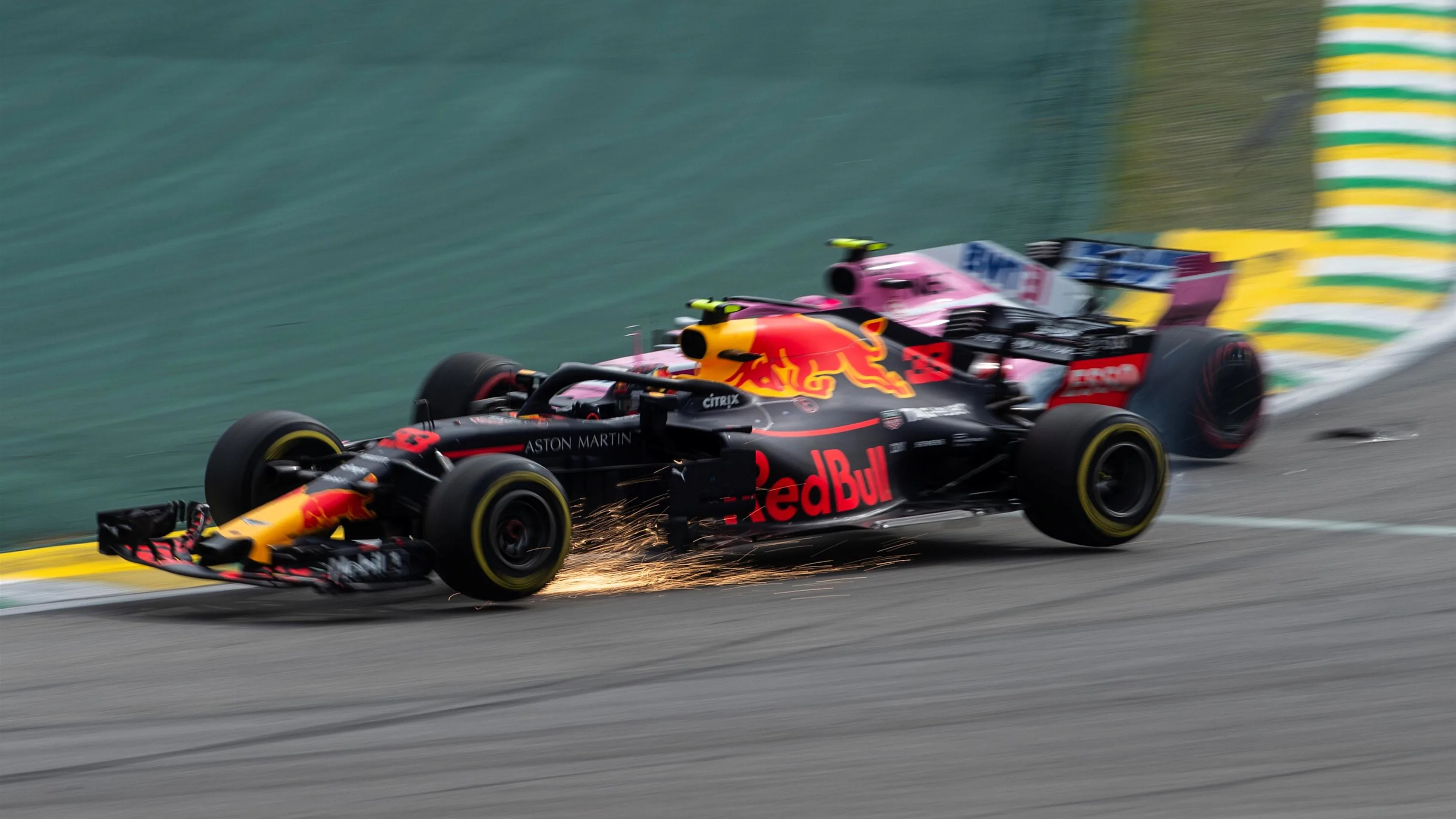 Race leader Max Verstappen, Red Bull Racing RB14 crashes whilst lapping Esteban Ocon, Racing Point Force India VJM11 at Formula One World Championship, Rd20, Brazilian Grand Prix, Race, Interlagos, Sao Paulo, Brazil, Sunday 11 November 2018.