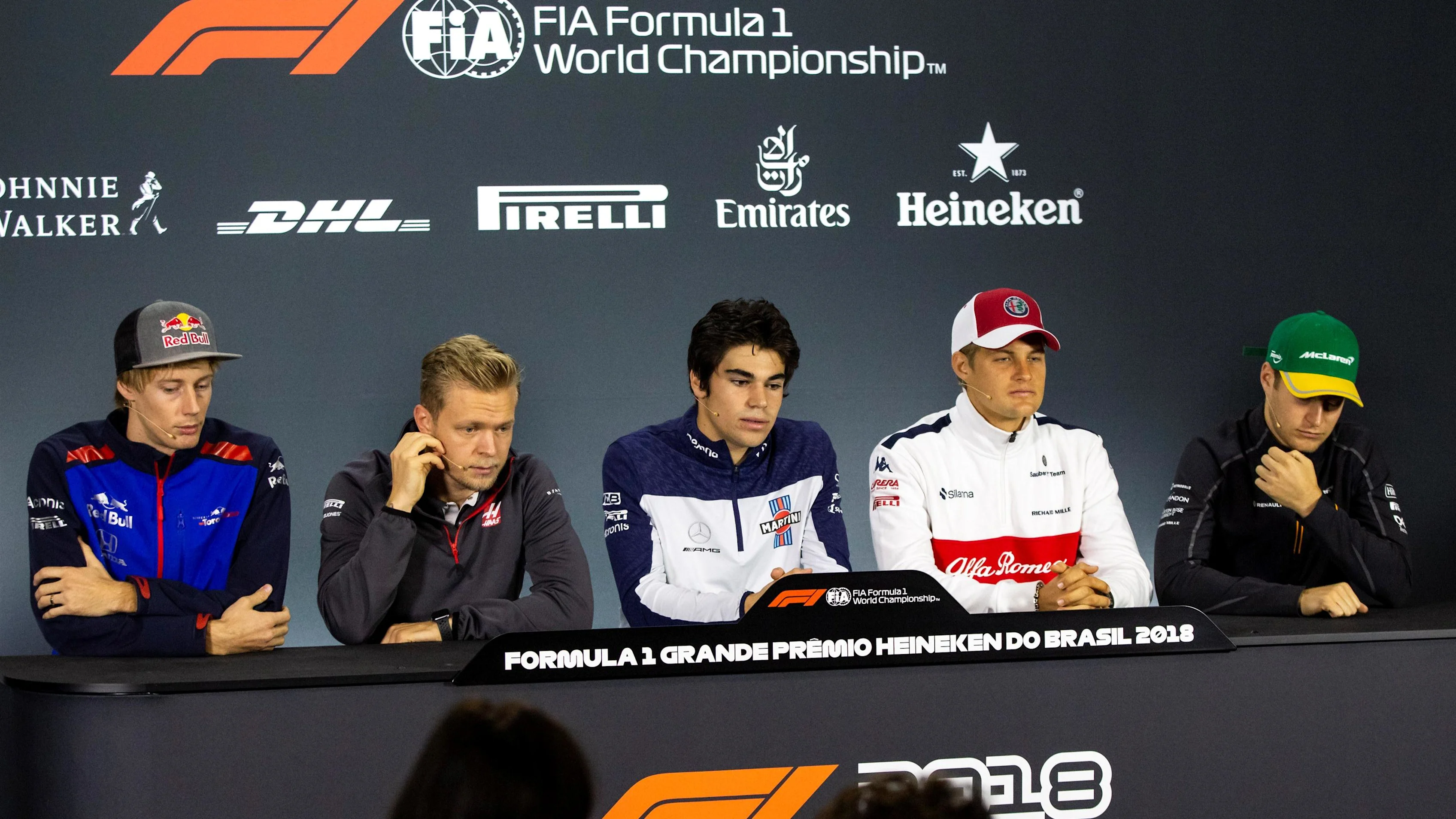(L to R): Brendon Hartley, Scuderia Toro Rosso, Kevin Magnussen, Haas F1 Team, Lance Stroll, Williams Racing, Marcus Ericsson, Alfa Romeo Sauber F1 Team and Stoffel Vandoorne, McLaren in the press conference at Formula One World Championship, Rd20, Brazilian Grand Prix, Preparations, Interlagos, Sao Paulo, Brazil, Thursday 8 November 2018.