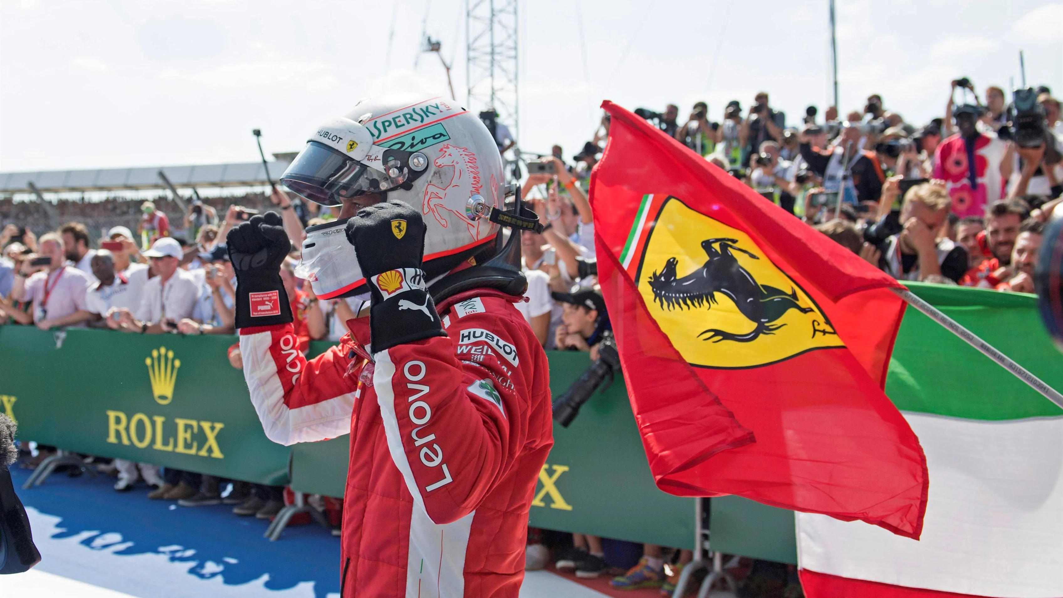 Sebastian Vettel (GER) Ferrari celebrates in parc ferme at Formula One World Championship, Rd10, British Grand Prix, Race, Silverstone, England, Sunday 8 July 2018. © Simon Galloway/Sutton Images