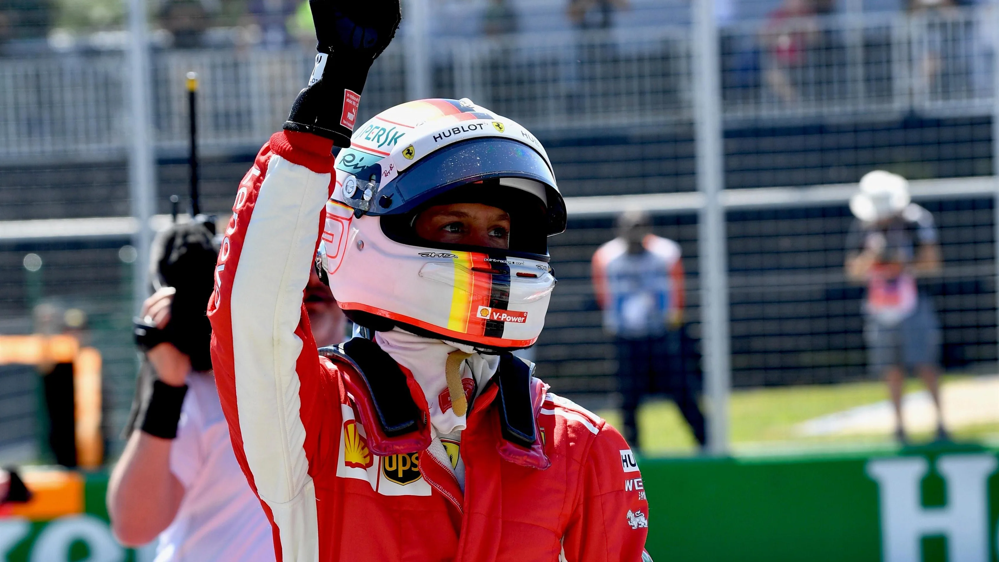 Pole sitter Sebastian Vettel (GER) Ferrari celebrates in parc ferme at Formula One World