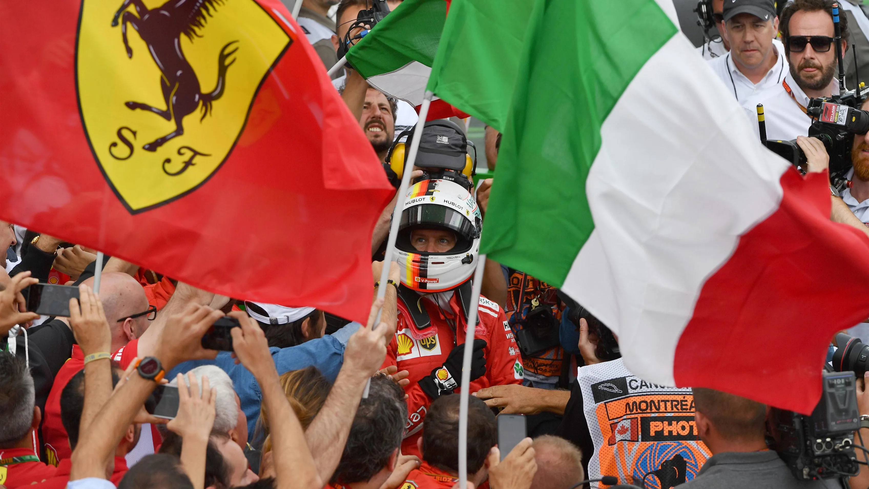 Race winner Sebastian Vettel (GER) Ferrari celebrates in parc ferme at Formula One World Championship, Rd7, Canadian Grand Prix, Race, Montreal, Canada, Sunday10 June 2018. © Mark Sutton/Sutton Images