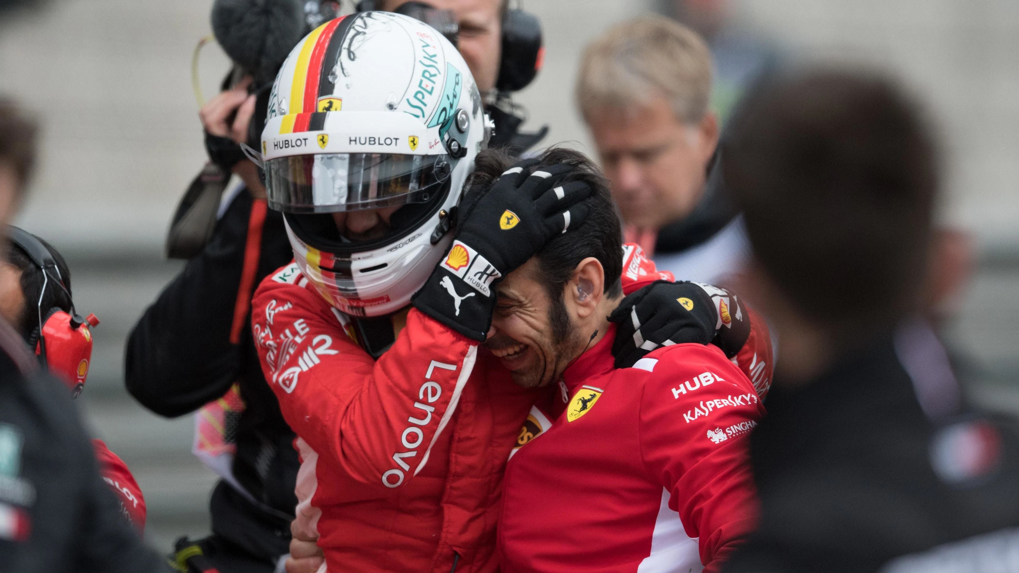 Pole sitter Sebastian Vettel (GER) Ferrari celebrates in parc ferme at Formula One World Championship, Rd3, Chinese Grand Prix, Qualifying, Shanghai, China, Saturday 14 April 2018. © Simon Galloway/Sutton Images