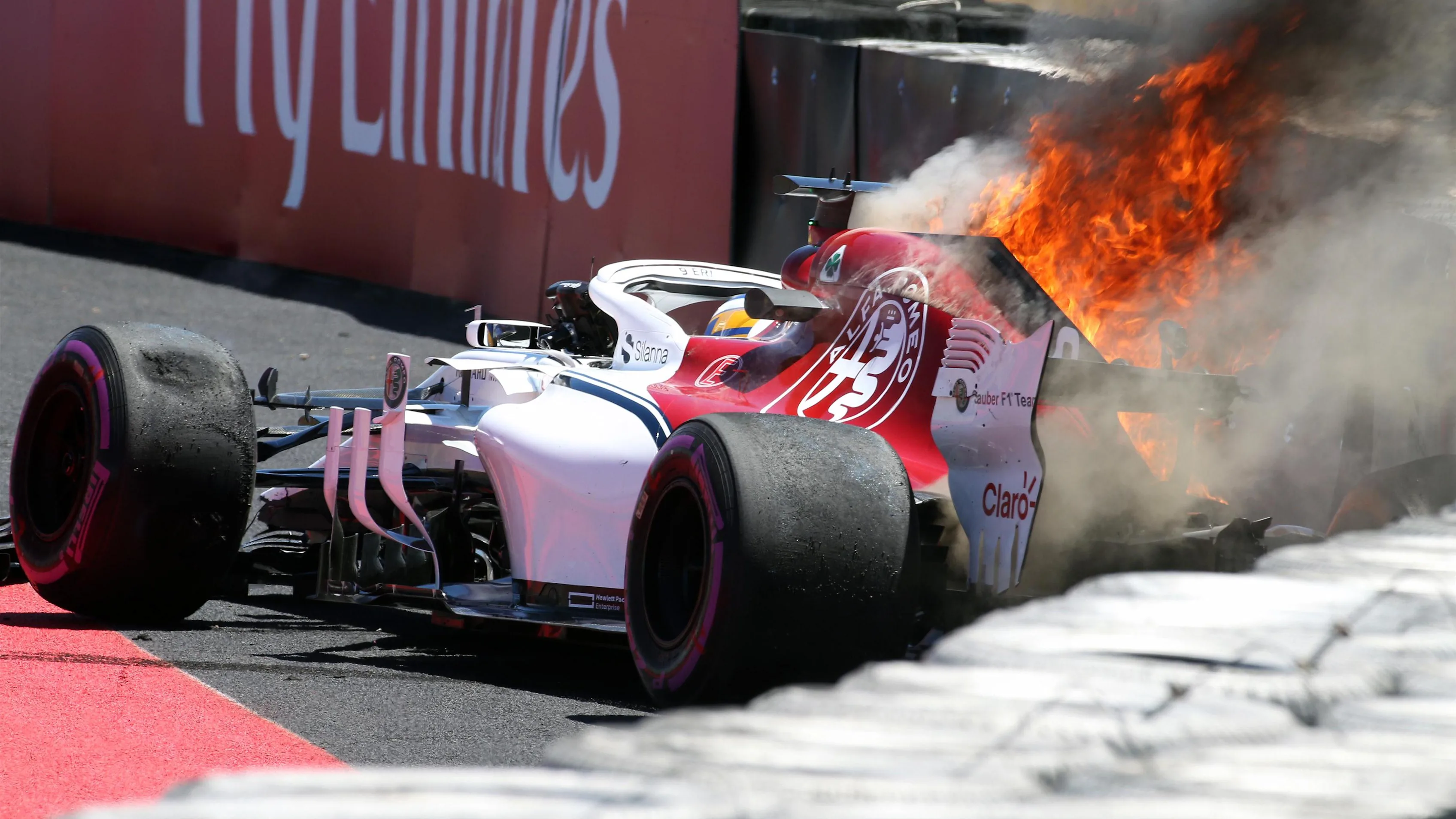 Marcus Ericsson (SWE) Alfa Romeo Sauber C37 crashes in FP1 and catches fire at Formula One World Championship, Rd8, French Grand Prix, Practice, Paul Ricard, France, Friday 22 June 2018. © Hasan Bratic/Sutton Images