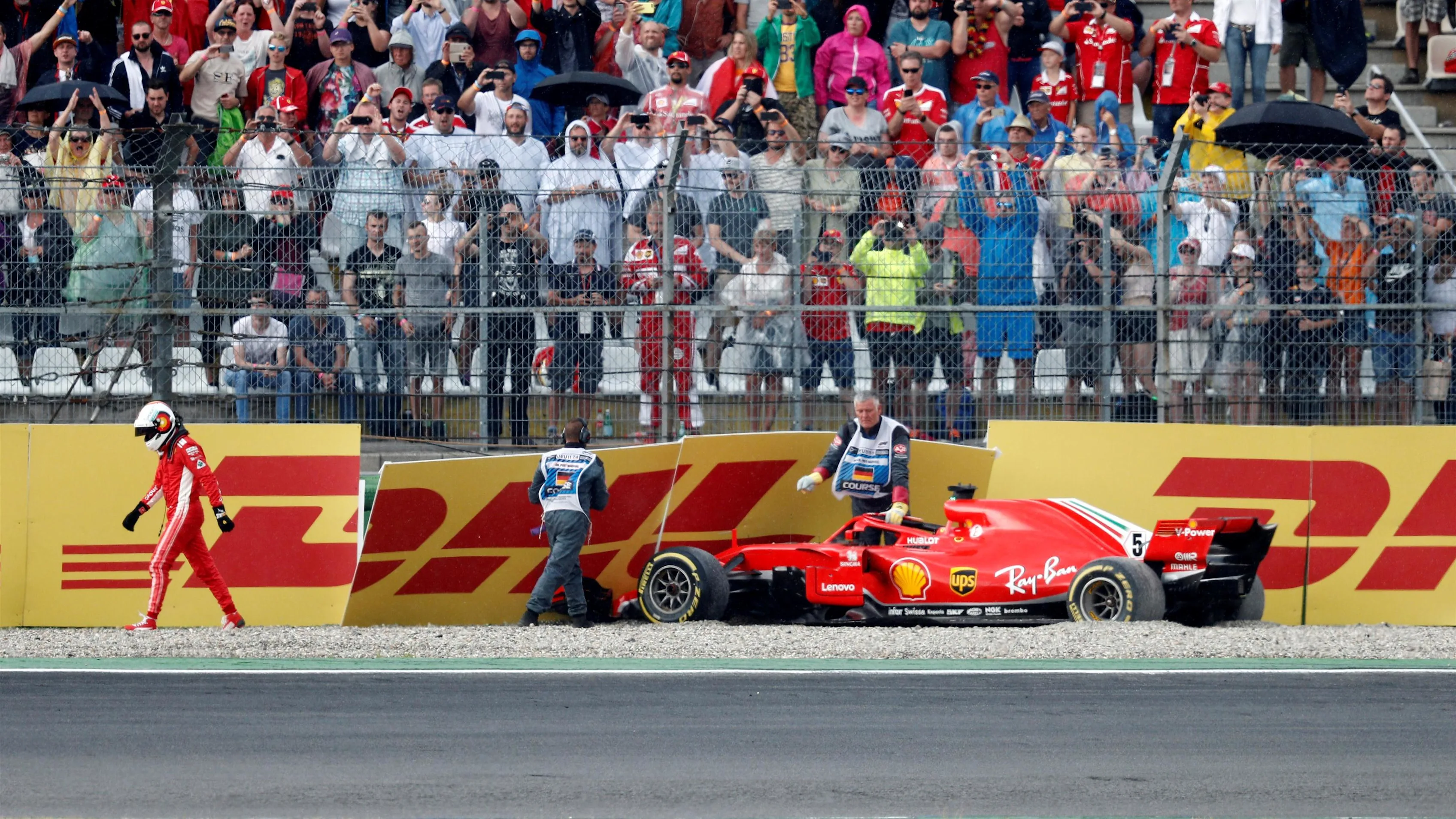 	 Sebastian Vettel (GER) Ferrari SF-71H crashed out of the lead at Formula One World Championship, Rd11, German Grand Prix, Race, Hockenheim, Germany, Sunday 22 July 2018. © Glenn Dunbar/LAT/Sutton Images