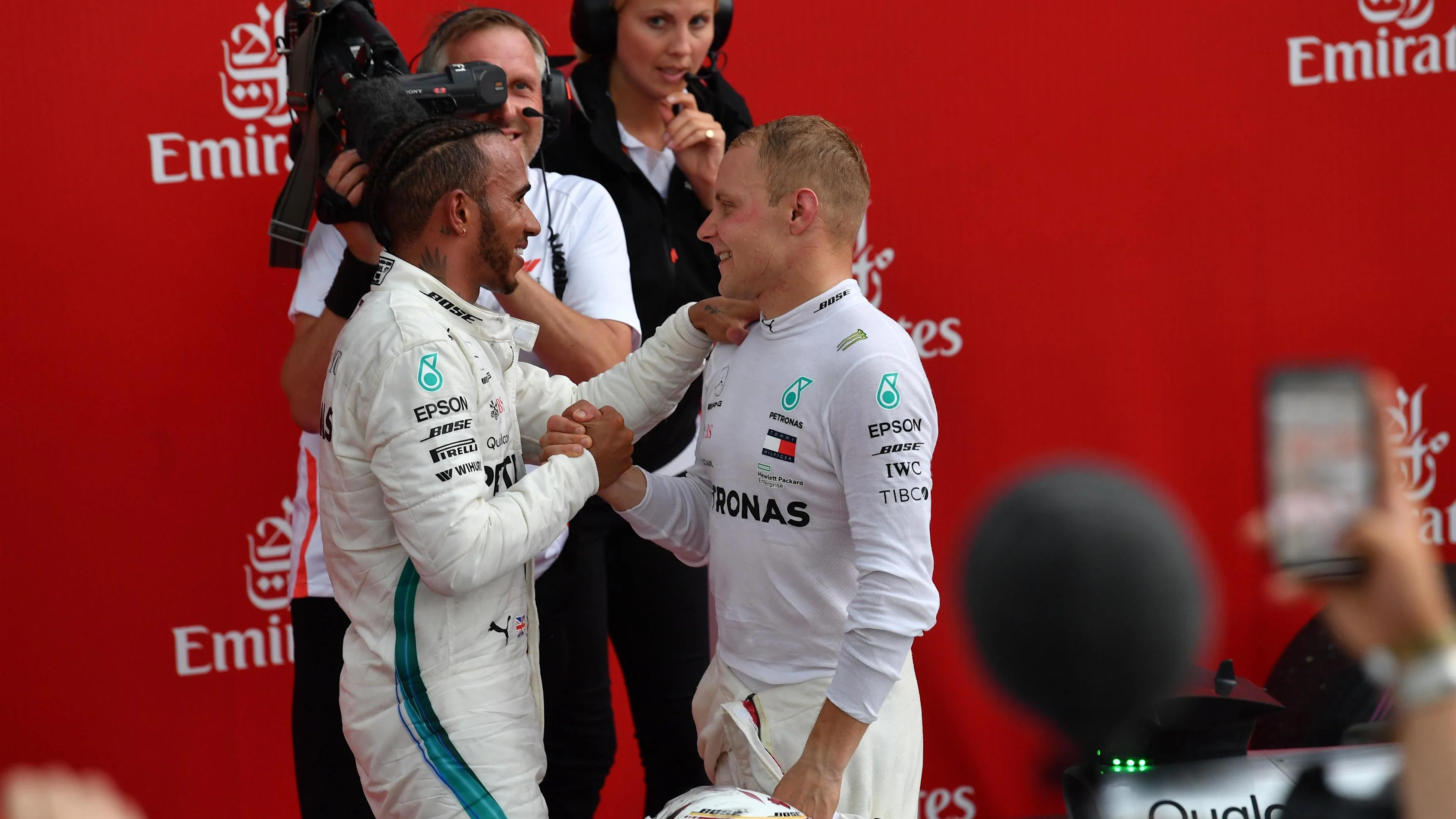 Lewis Hamilton (GBR) Mercedes-AMG F1 and Valtteri Bottas (FIN) Mercedes-AMG F1 celebrate in parc ferme at Formula One World Championship, Rd11, German Grand Prix, Race, Hockenheim, Germany, Sunday 22 July 2018. © Mark Sutton/Sutton Images