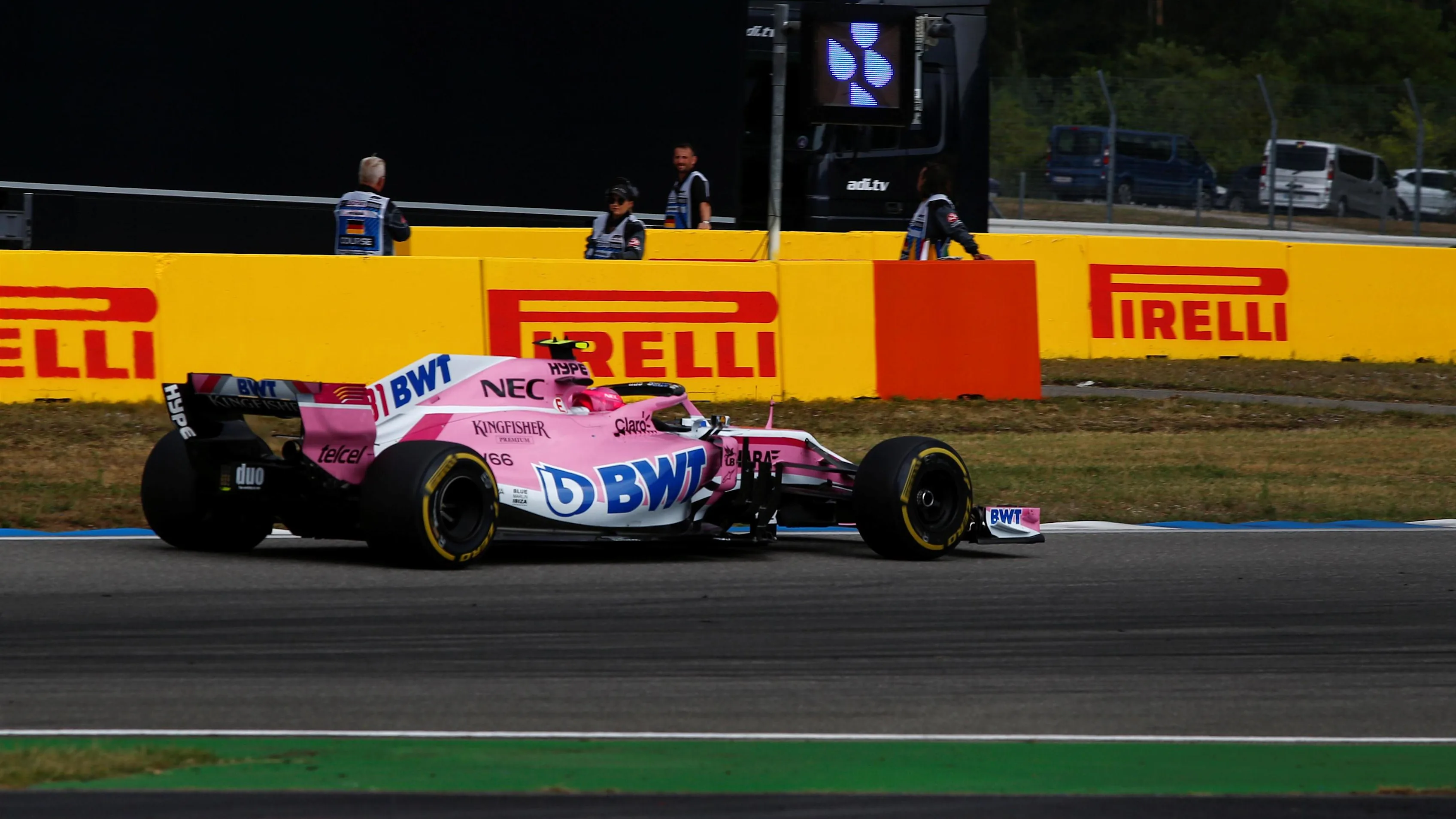 Esteban Ocon (FRA) Force India VJM11 passes a rain sign at Formula One World Championship, Rd11,