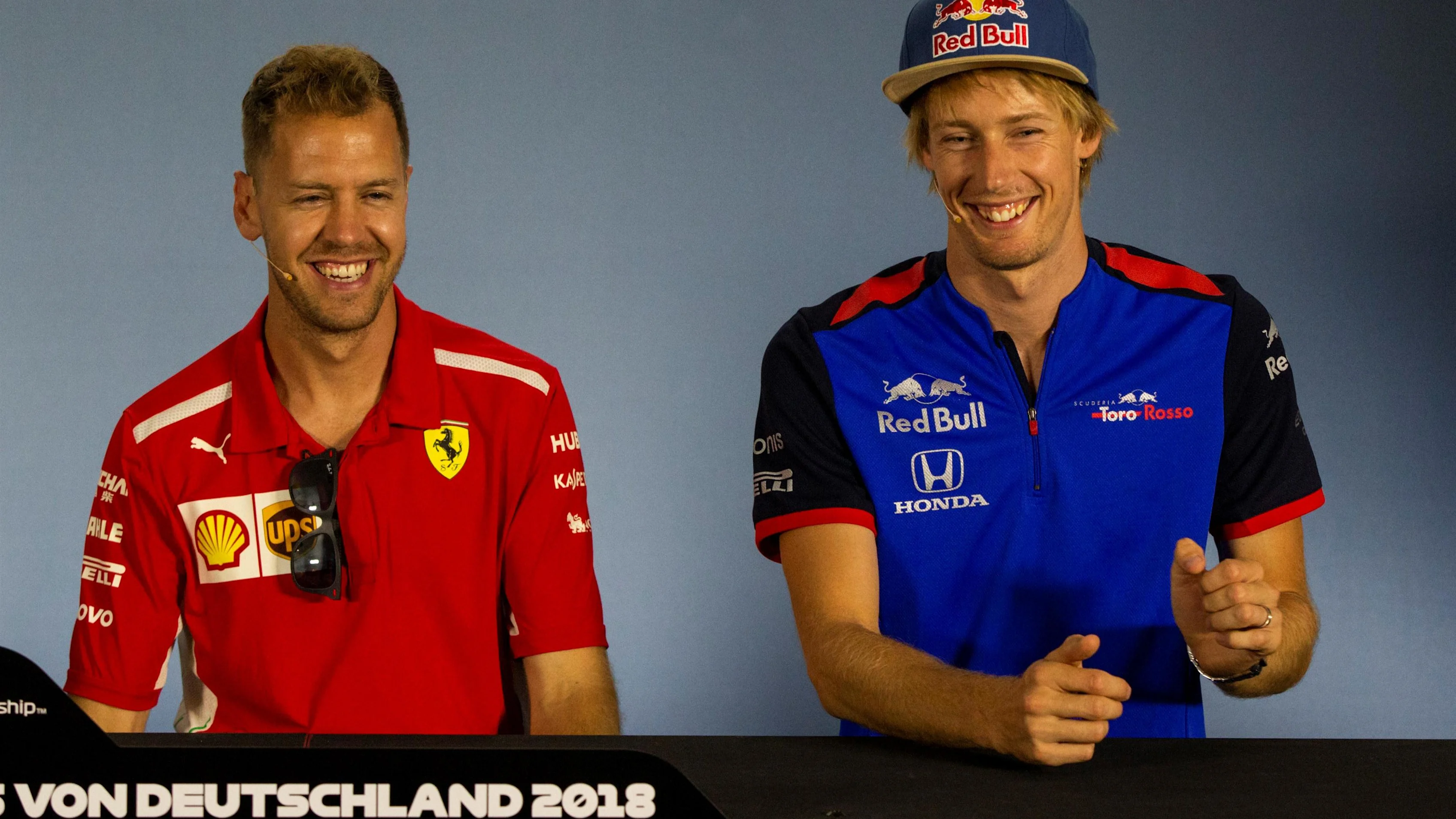 Sebastian Vettel (GER) Ferrari and Pierre Gasly (FRA) Scuderia Toro Rosso in the Press Conference at Formula One World Championship, Rd11, German Grand Prix, Preparations, Hockenheim, Germany, Thursday 19 July 2018. © Manuel Goria/Sutton Images