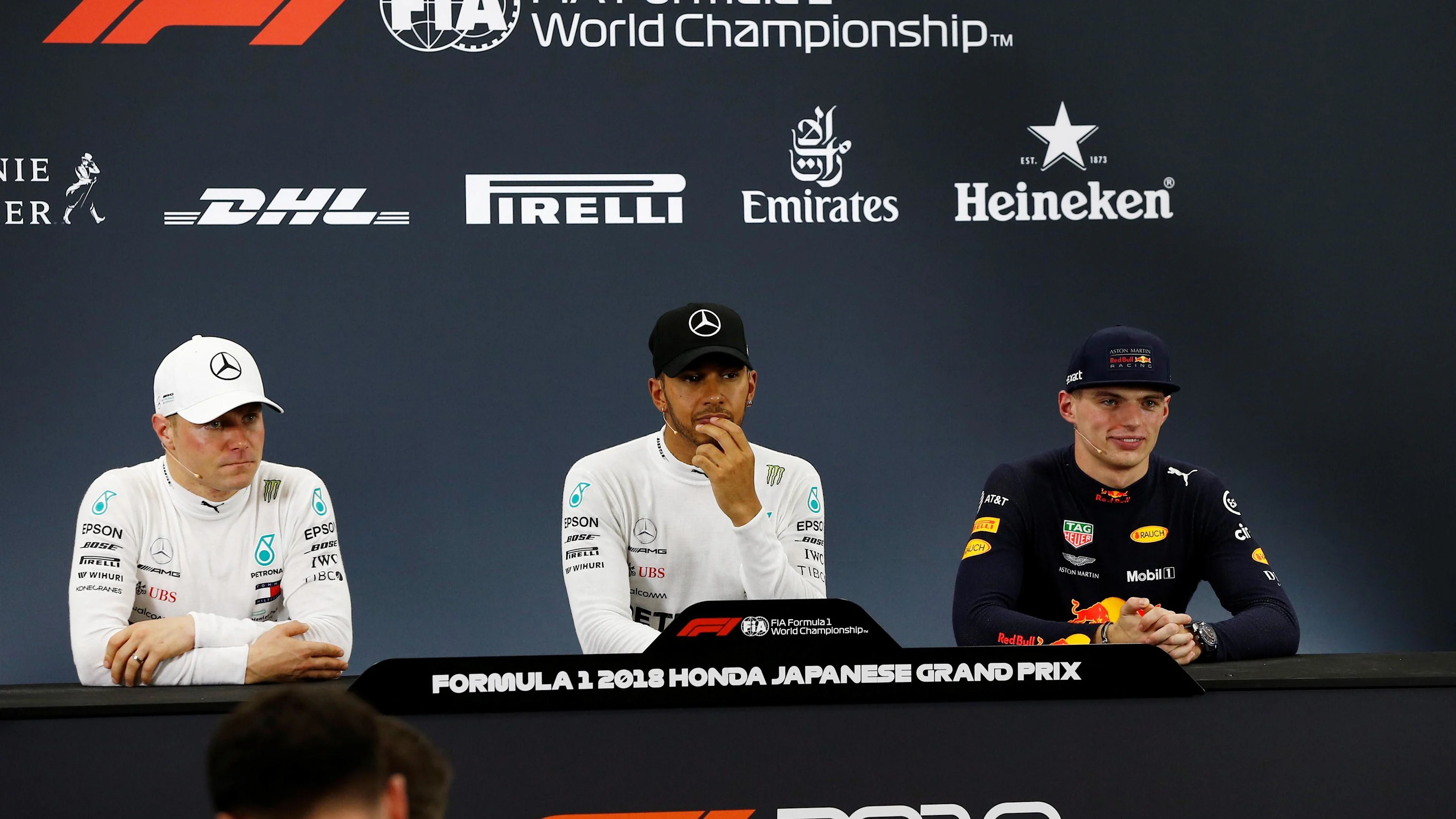 Valtteri Bottas, Mercedes AMG F1, Lewis Hamilton, Mercedes AMG F1 and Max Verstappen, Red Bull