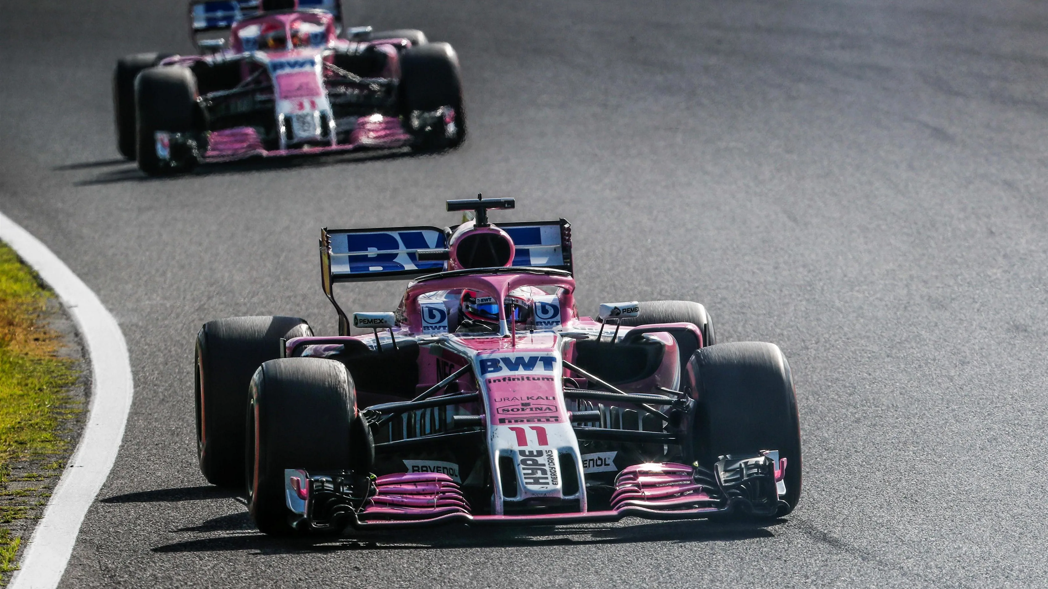 Sergio Perez, Racing Point Force India VJM11 leads Esteban Ocon, Racing Point Force India VJM11 at