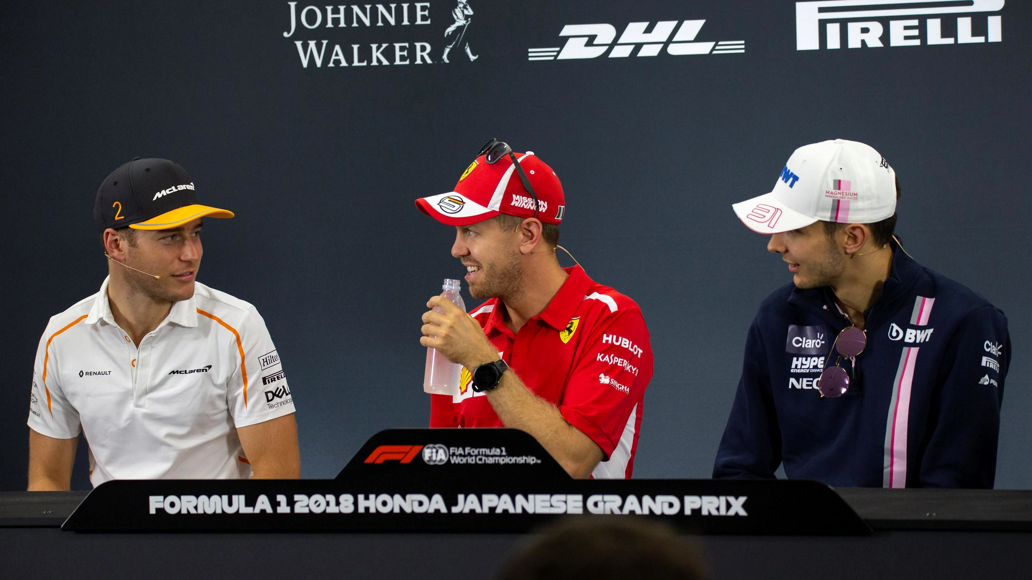 (L to R): Stoffel Vandoorne, McLaren, Sebastian Vettel, Ferrari and Esteban Ocon, Racing Point Force India F1 Team in Press Conference at Formula One World Championship, Rd17, Japanese Grand Prix, Preparations, Suzuka, Japan, Thursday 4 October 2018.