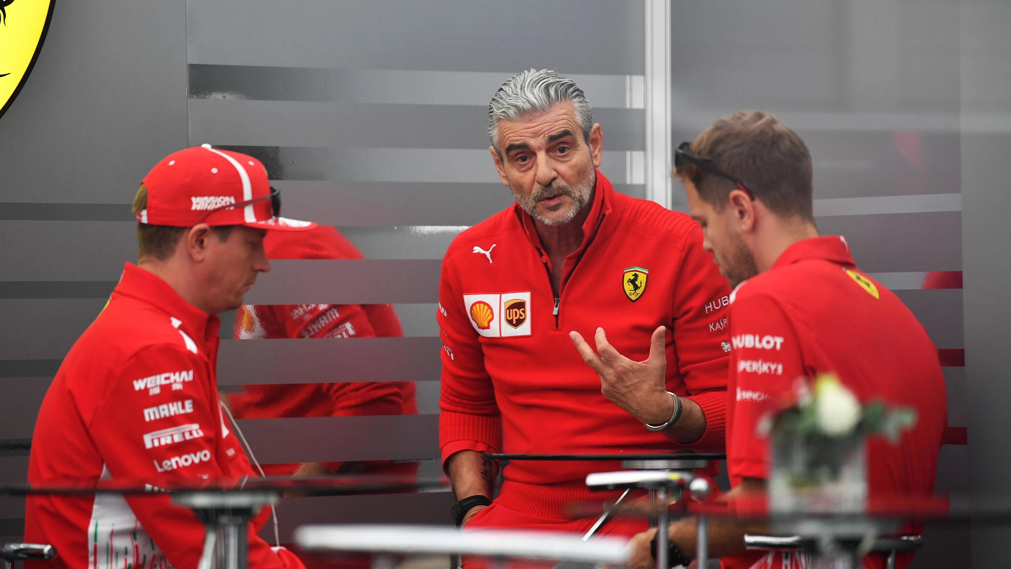 Maurizio Arrivabene, Ferrari Team Principal with Kimi Raikkonen, Ferrari and Sebastian Vettel,