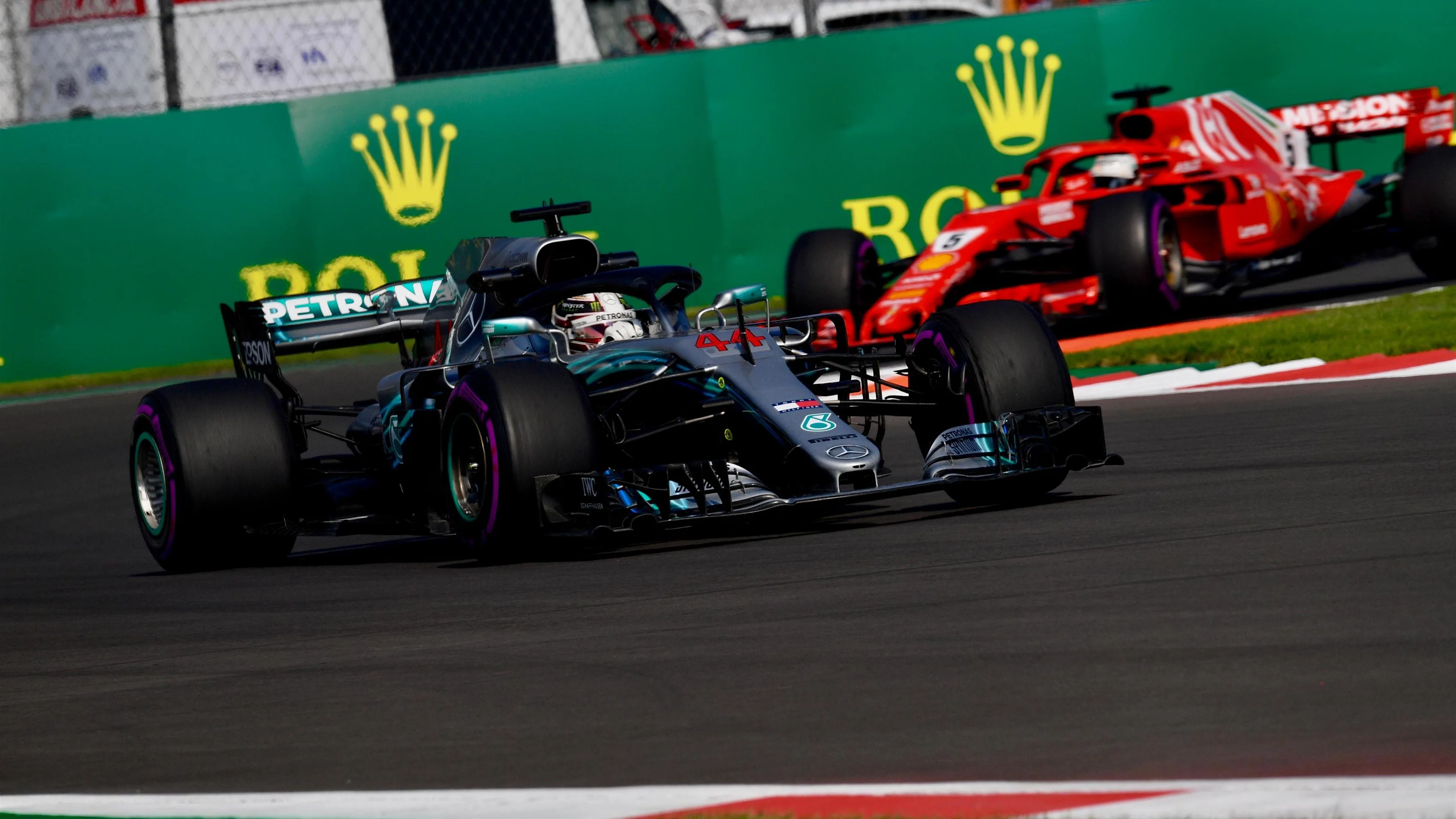 Lewis Hamilton, Mercedes AMG F1 W09 EQ Power+ and Sebastian Vettel, Ferrari SF71H at Formula One