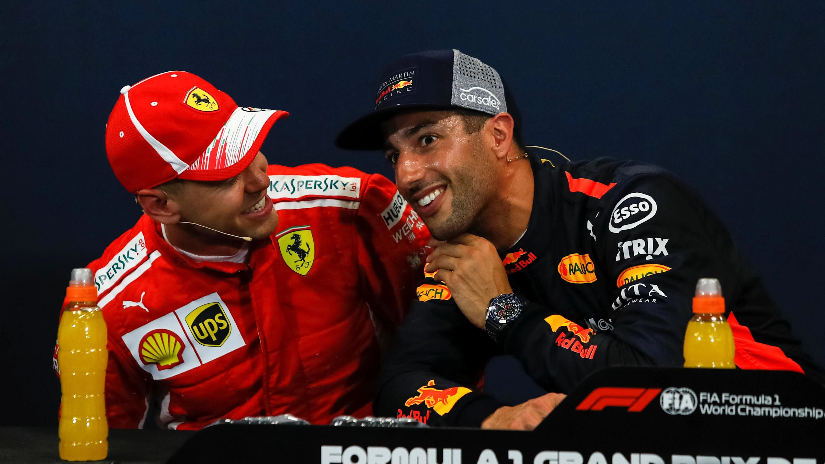 Sebastian Vettel (GER) Ferrari and Daniel Ricciardo (AUS) Red Bull Racing in the Press Conference at Formula One World Championship, Rd6, Monaco Grand Prix, Qualifying, Monte-Carlo, Monaco, Saturday 26 May 2018. © Manuel Goria/Sutton Images
