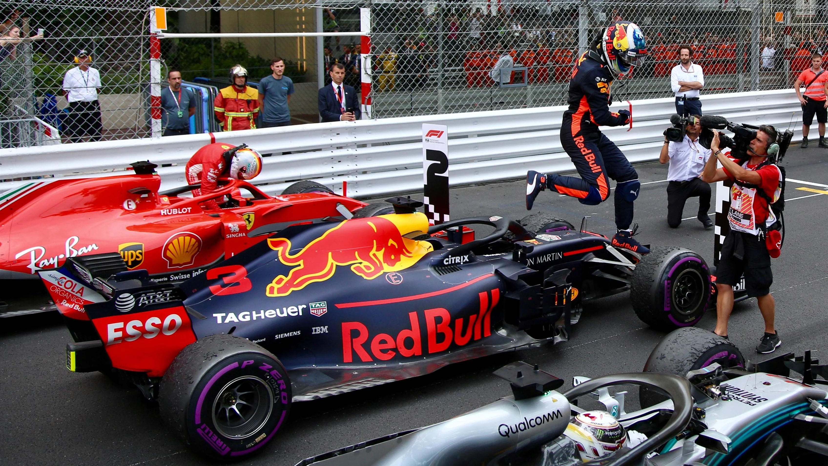 Race winner Daniel Ricciardo (AUS) Red Bull Racing RB14 celebrates in parc ferme at Formula One