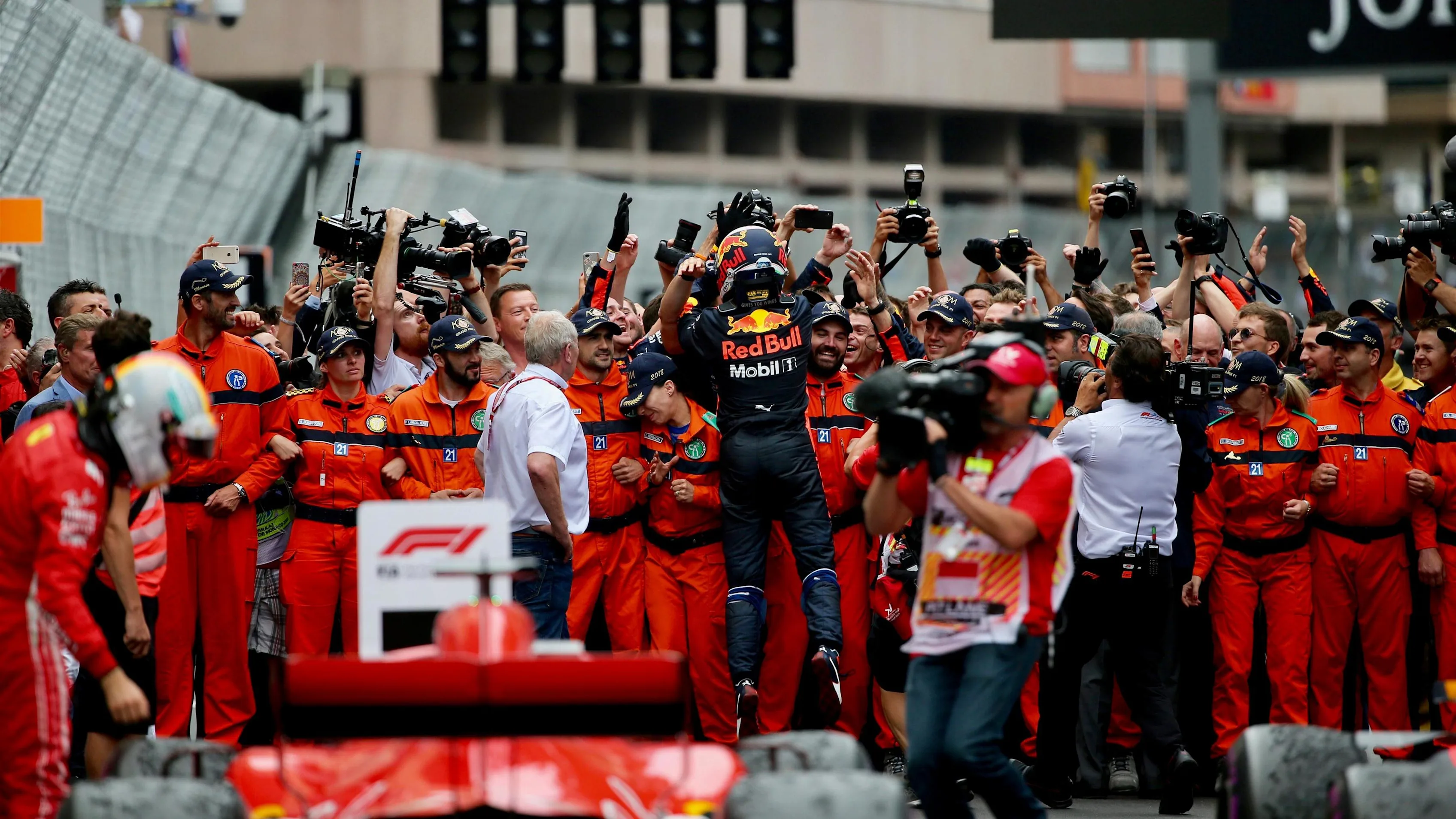 Race winner Daniel Ricciardo (AUS) Red Bull Racing celebrates in parc ferme at Formula One World
