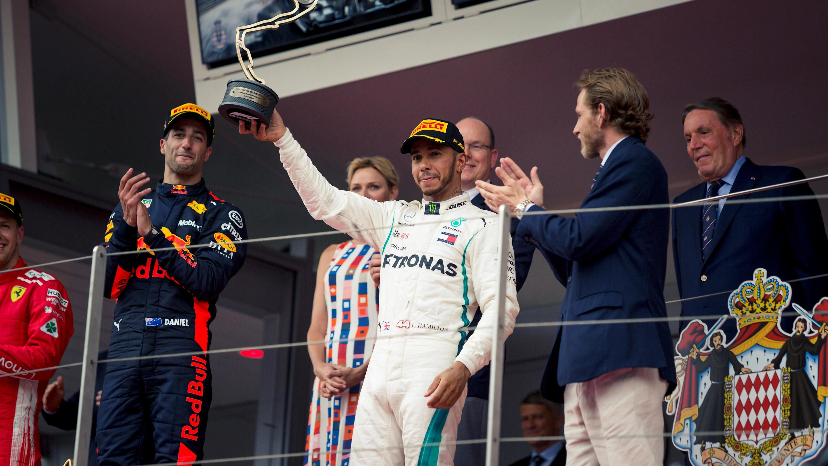 Lewis Hamilton (GBR) Mercedes-AMG F1 celebrates on the podium at Formula One World Championship, Rd6, Monaco Grand Prix, Race, Monte-Carlo, Monaco, Sunday 27 May 2018. © Manuel Goria/Sutton Images
