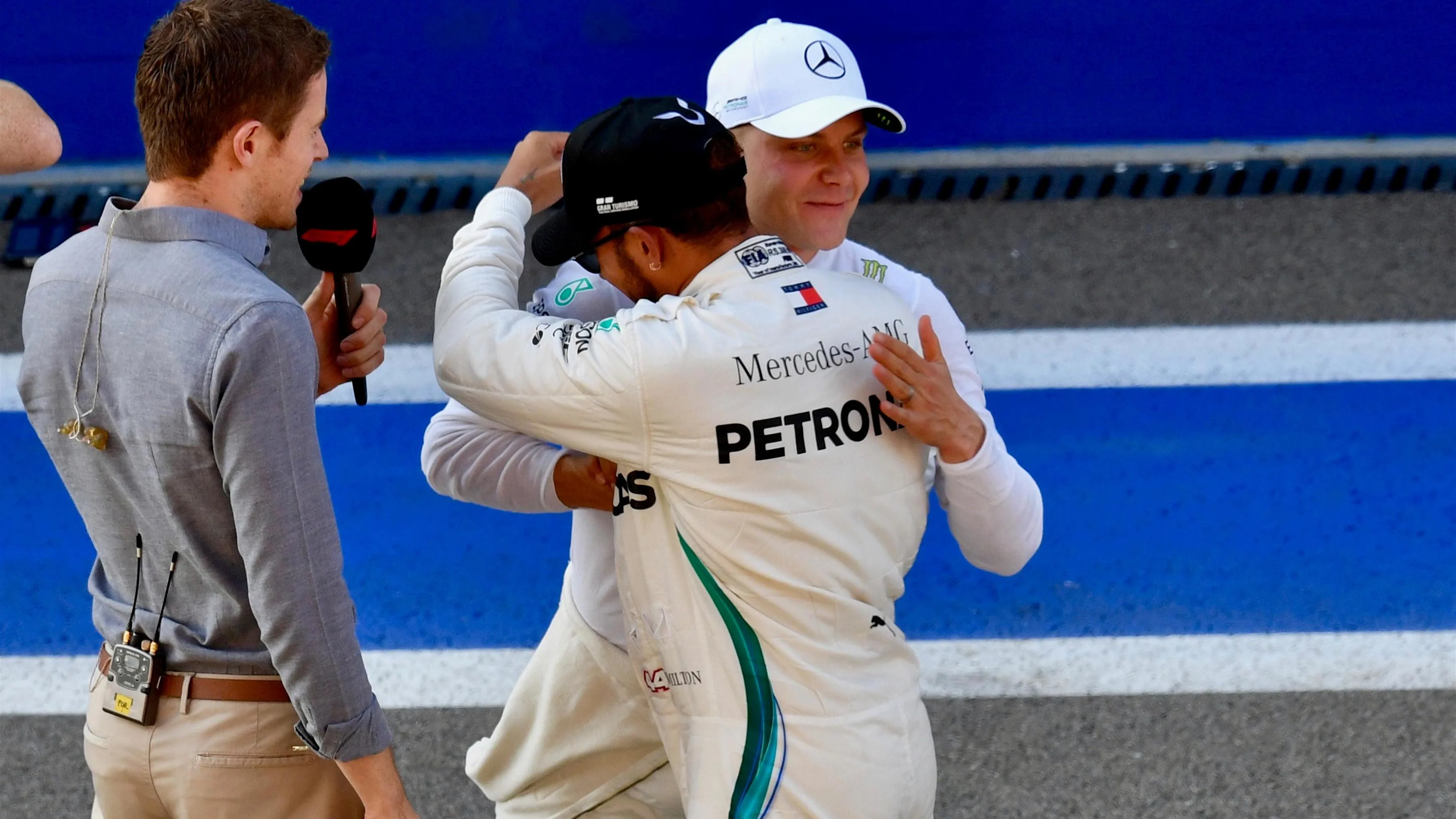 Valtteri Bottas, Mercedes AMG F1 and Lewis Hamilton, Mercedes AMG F1 celebrate in parc ferme at Formula One World Championship, Rd16, Russian Grand Prix, Qualifying, Sochi Autodrom, Sochi, Krasnodar Krai, Russia, Saturday 29 September 2018.