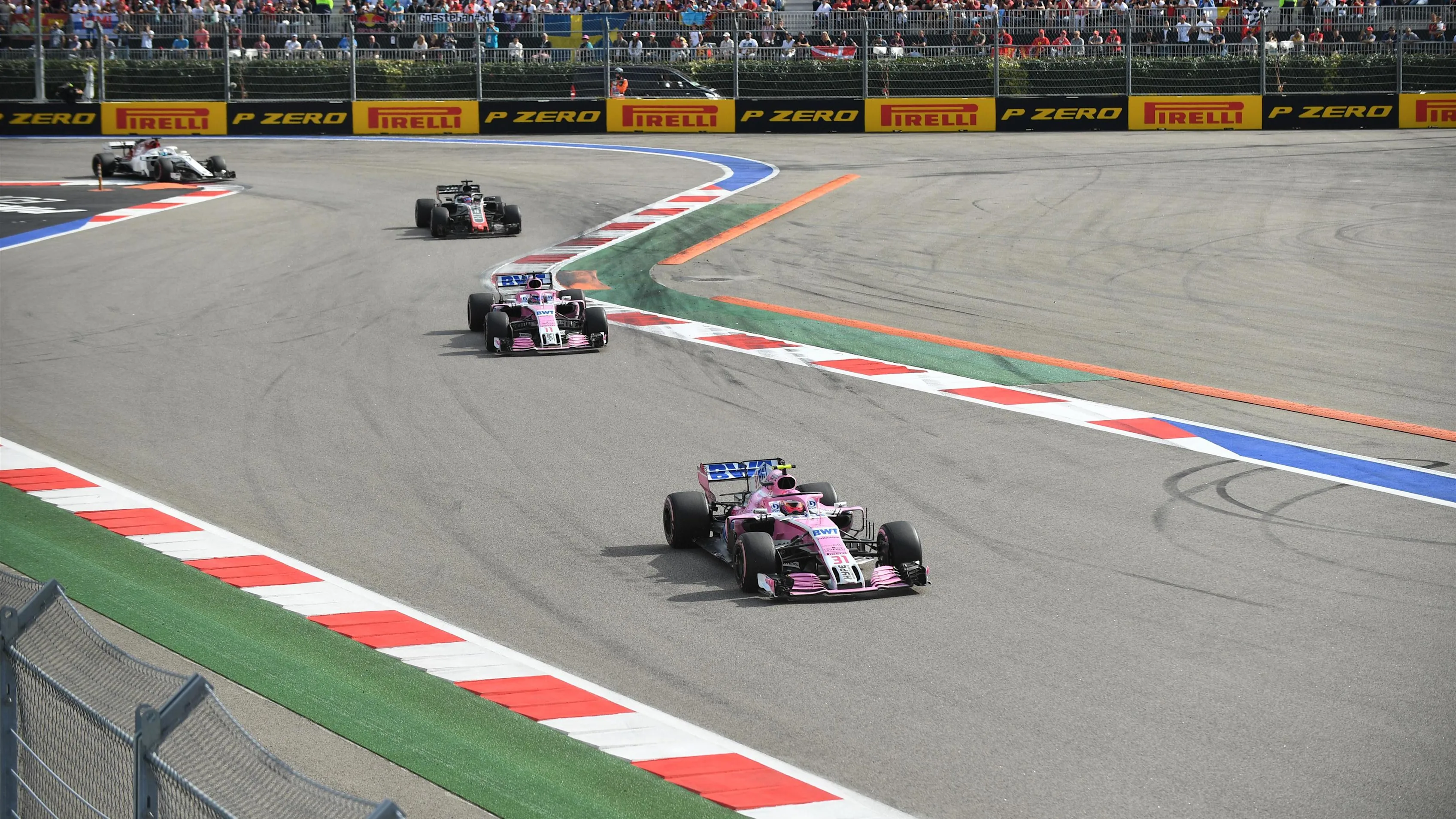 Esteban Ocon, Racing Point Force India VJM11 and Sergio Perez, Racing Point Force India VJM11 at Formula One World Championship, Rd16, Russian Grand Prix, Race, Sochi Autodrom, Sochi, Krasnodar Krai, Russia, Sunday 30 September 2018.