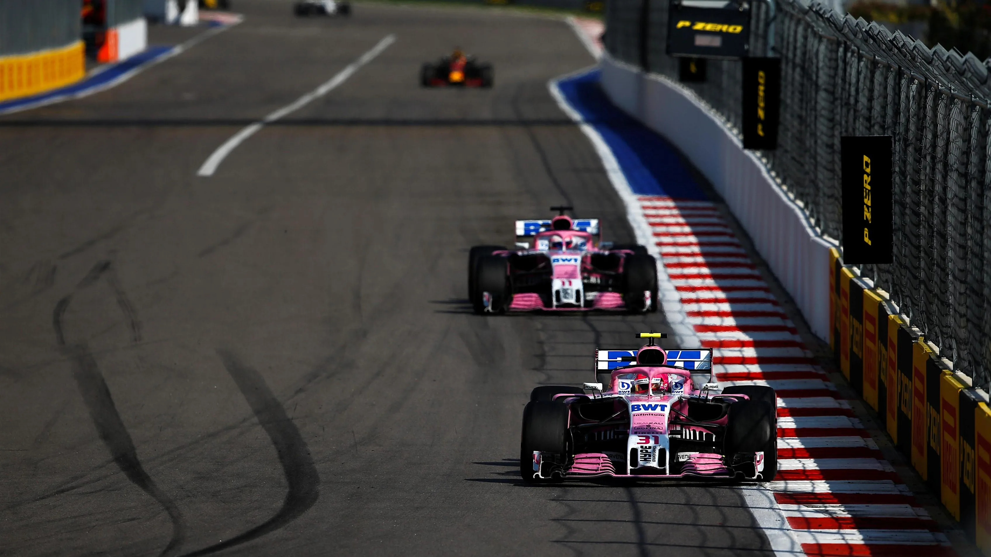 Esteban Ocon, Racing Point Force India VJM11 and Sergio Perez, Racing Point Force India VJM11 at
