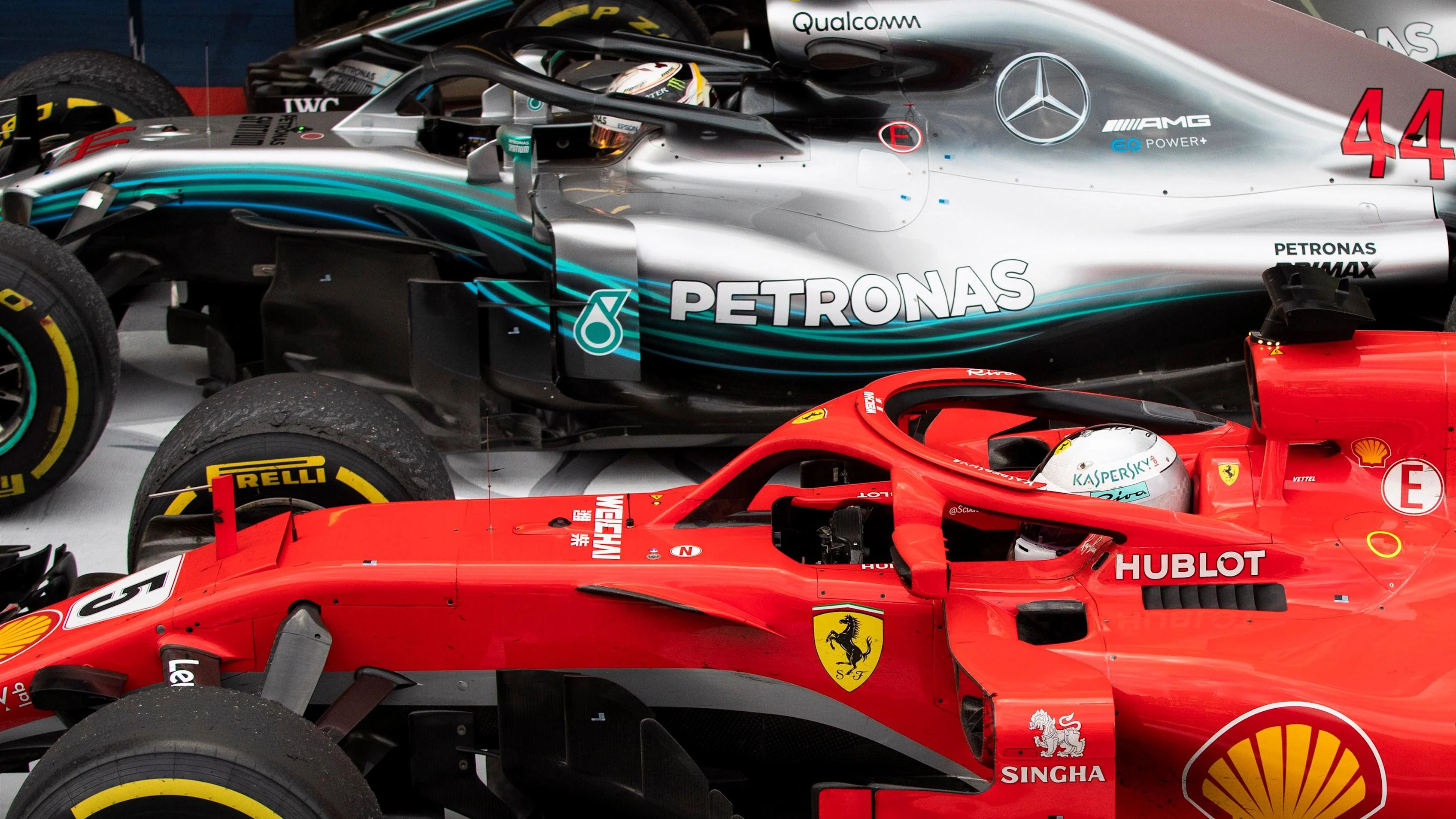 Sebastian Vettel, Ferrari SF71H and Lewis Hamilton, Mercedes-AMG F1 W09 EQ Power+ in parc ferme at