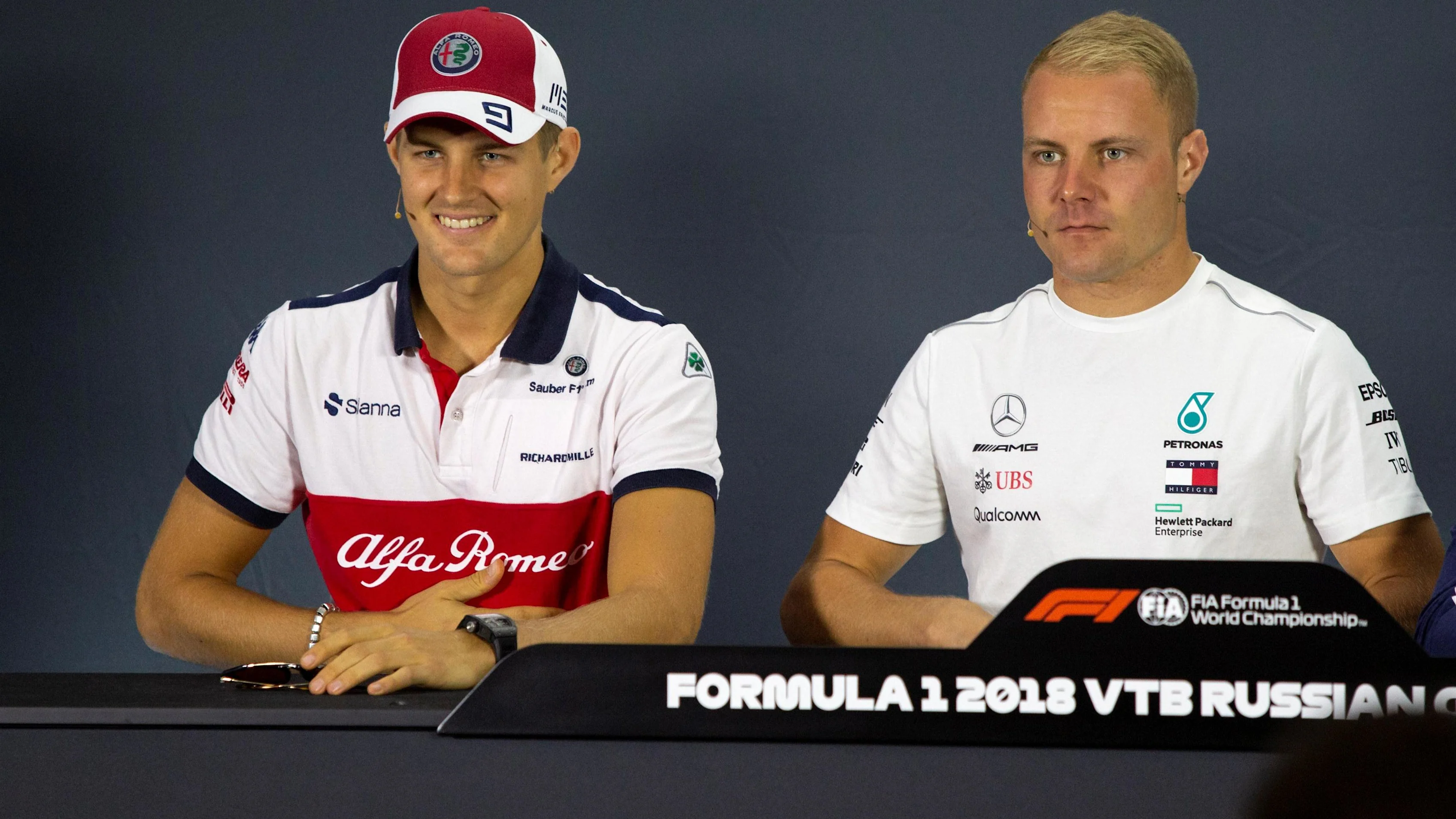 Marcus Ericsson, Alfa Romeo Sauber F1 Team and Valtteri Bottas, Mercedes AMG F1 in the Press Conference at Formula One World Championship, Rd16, Russian Grand Prix, Preparations, Sochi Autodrom, Sochi, Krasnodar Krai, Russia, Thursday 27 September 2018.
