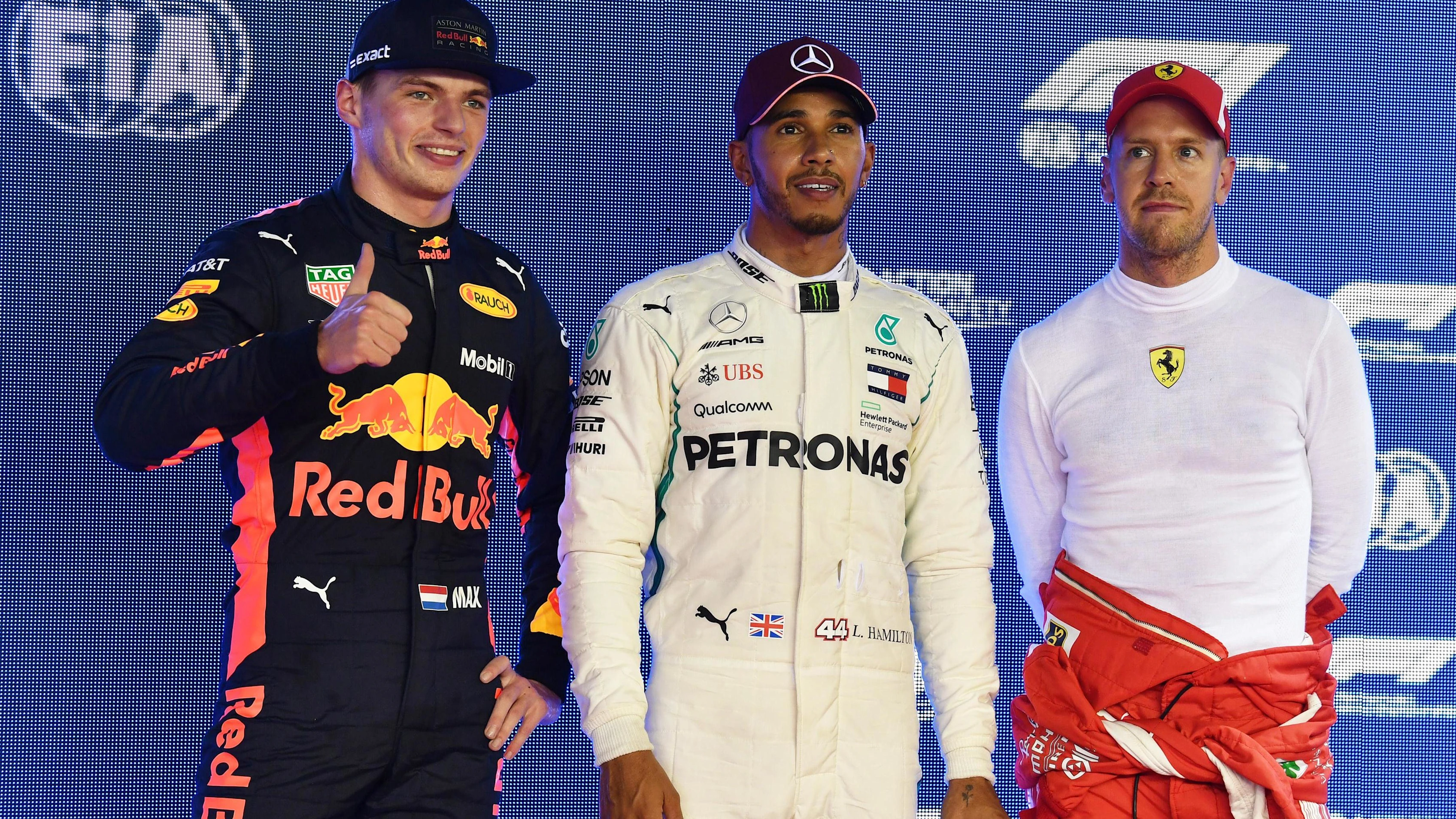 (L to R): Max Verstappen, Red Bull Racing, Lewis Hamilton, Mercedes AMG F1 and Sebastian Vettel,