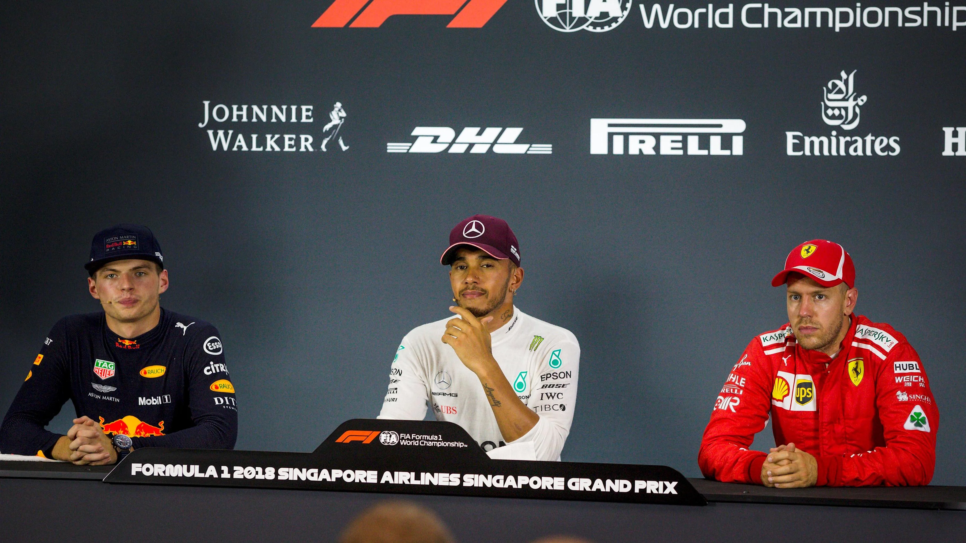 Max Verstappen, Red Bull Racing, Lewis Hamilton, Mercedes AMG F1 and Sebastian Vettel, Ferrari in