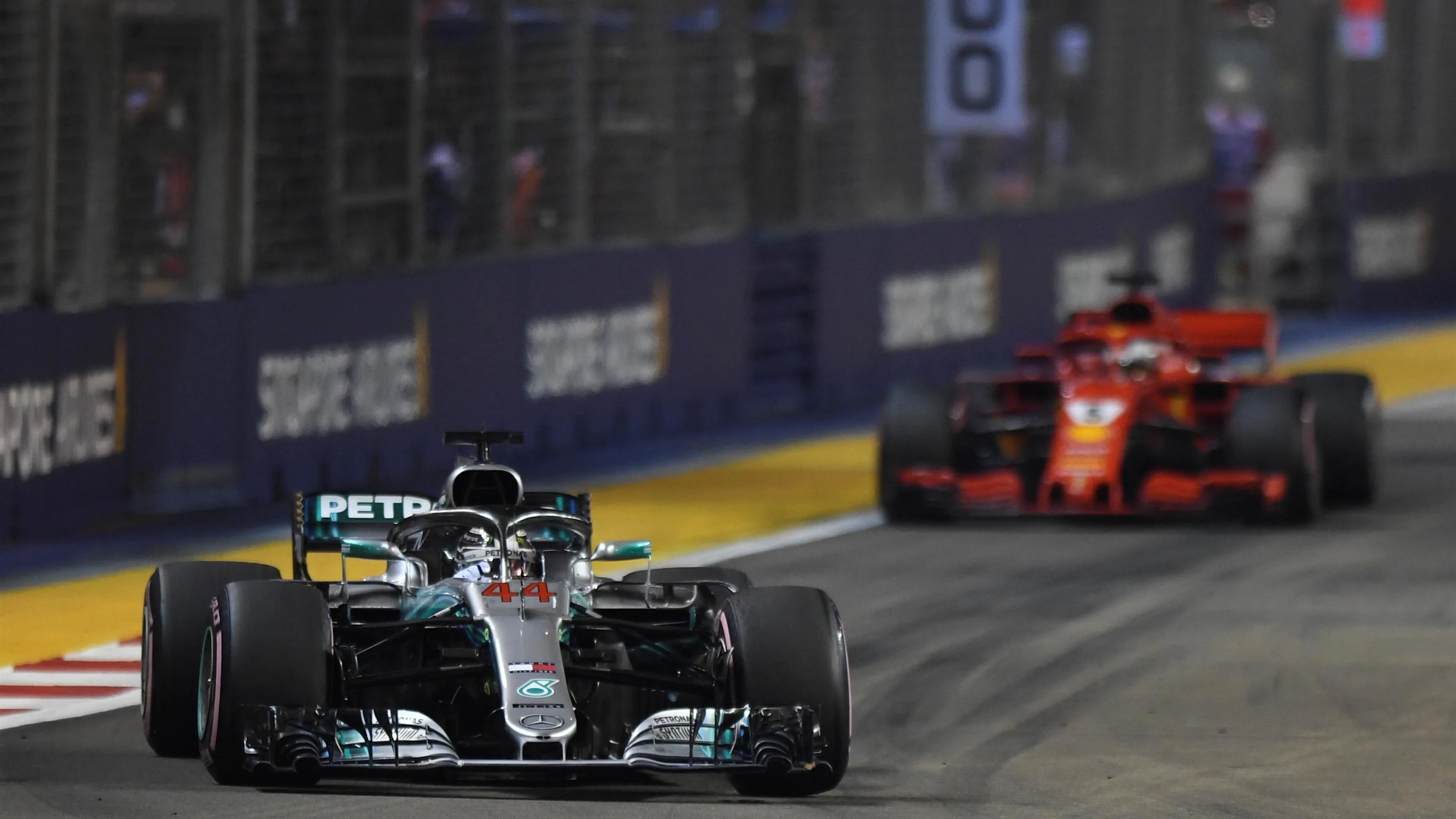 Lewis Hamilton, Mercedes AMG F1 W09 EQ Power+ and Sebastian Vettel, Ferrari SF71H at Formula One