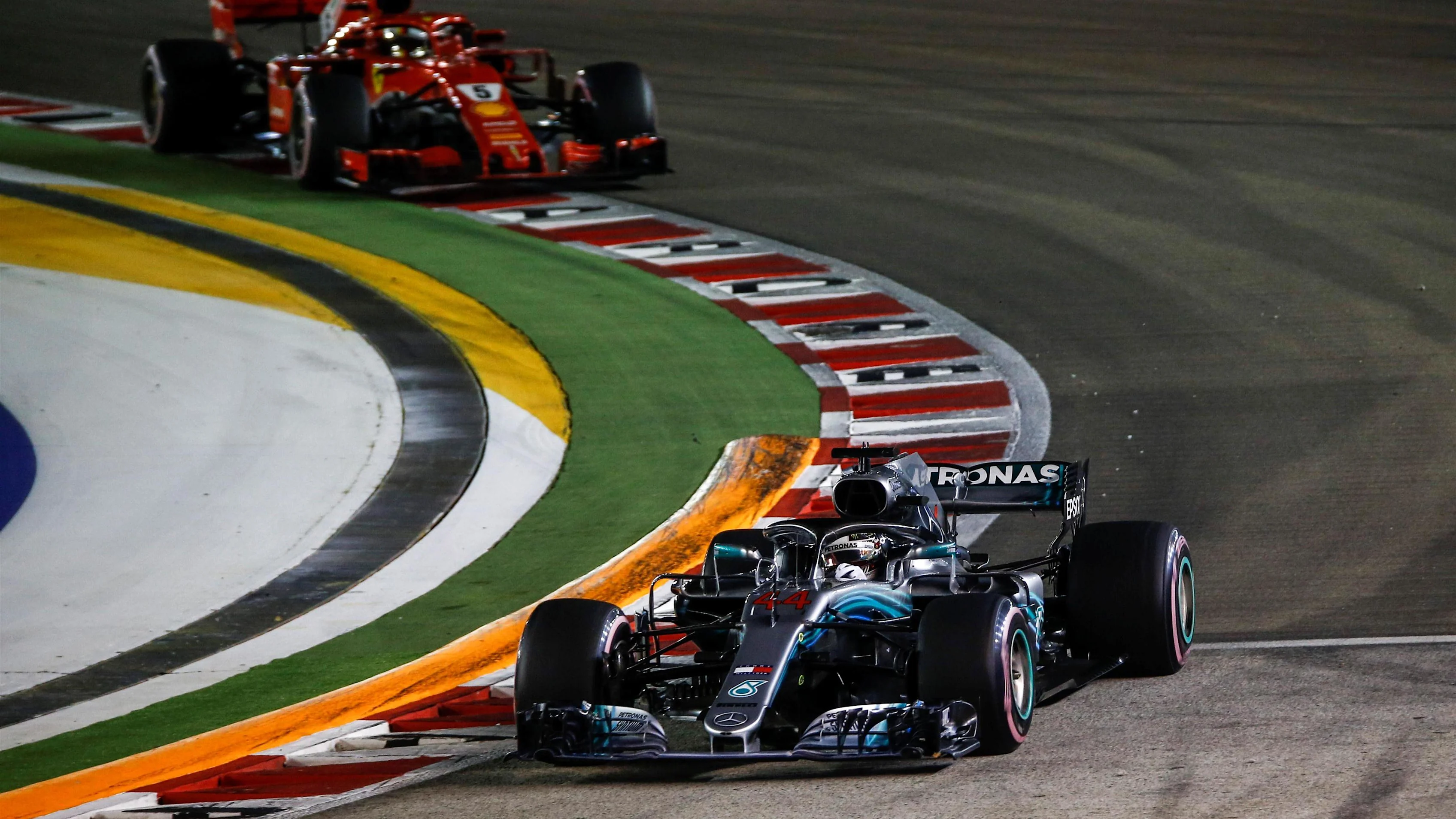 Lewis Hamilton, Mercedes AMG F1 W09 EQ Power+ and Sebastian Vettel, Ferrari SF71H at Formula One