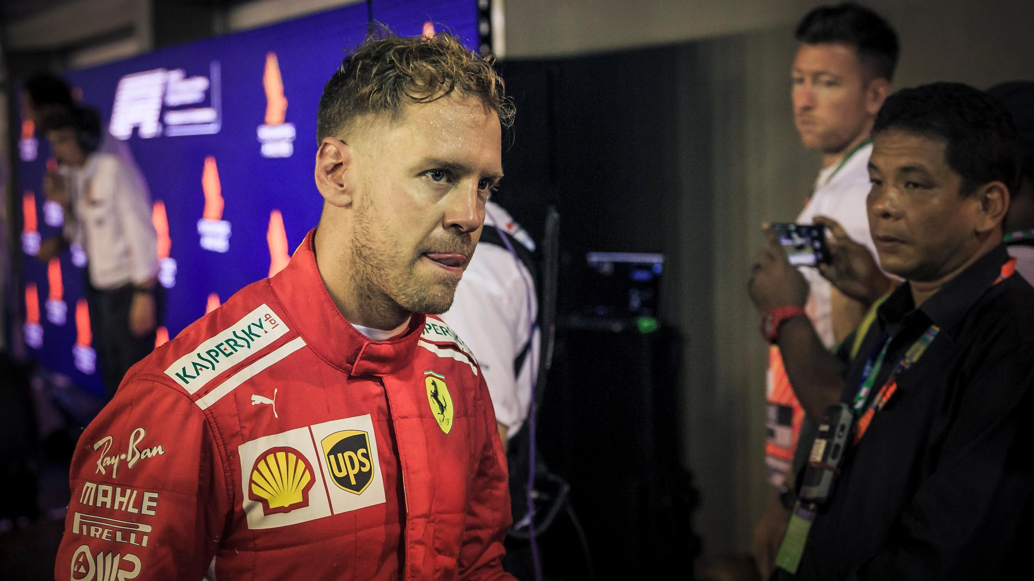 Sebastian Vettel, Ferrari in parc ferme at Formula One World Championship, Rd15, Singapore Grand