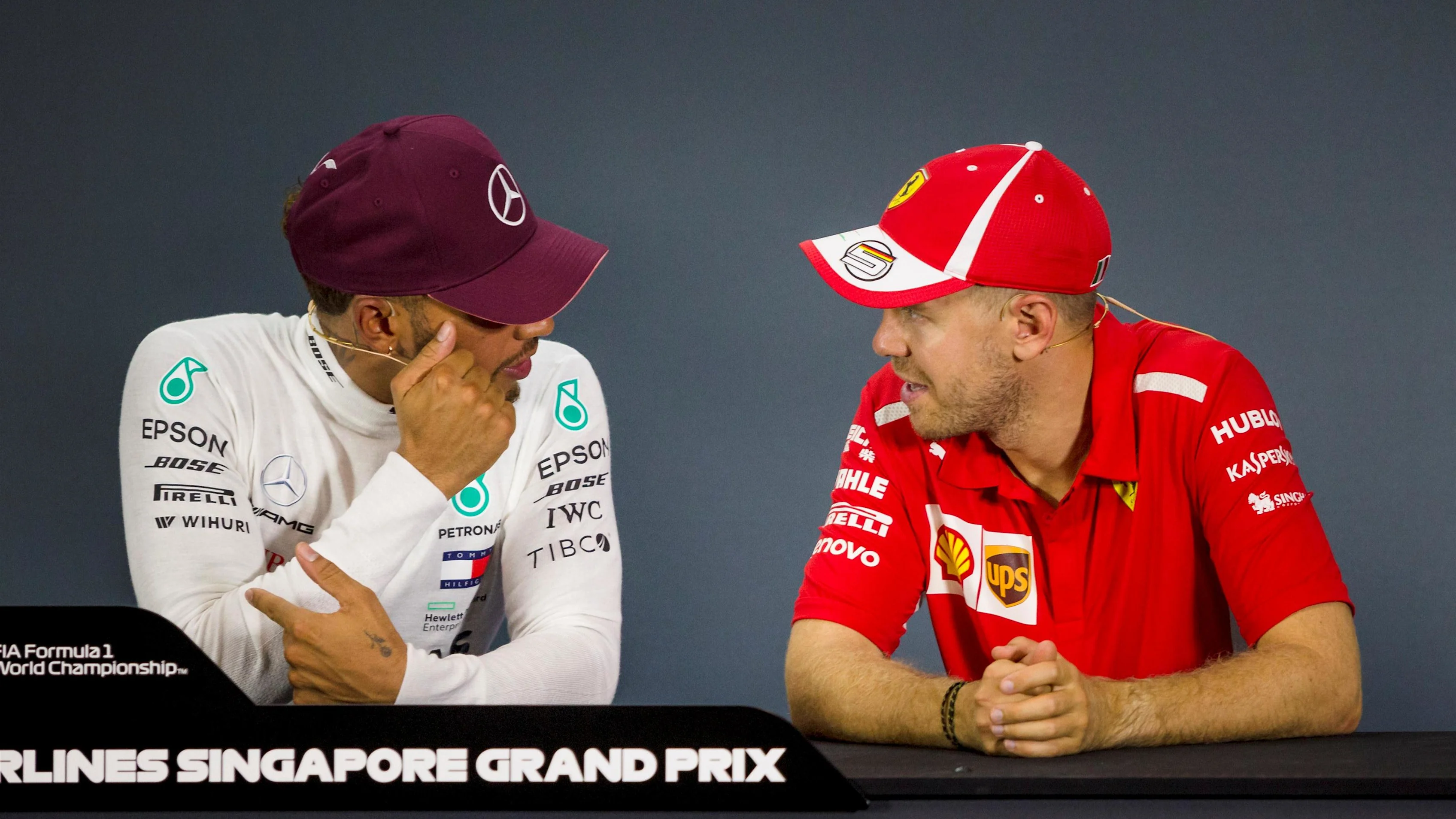 Lewis Hamilton, Mercedes AMG F1 and Sebastian Vettel, Ferrari in the Press Conference at Formula One World Championship, Rd15, Singapore Grand Prix, Race, Marina Bay Circuit, Singapore, Sunday 16 September 2018.