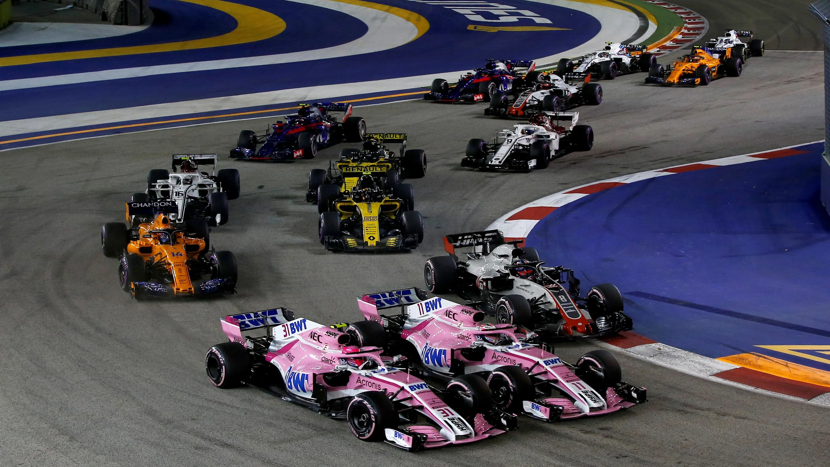 Esteban Ocon, Racing Point Force India VJM11 and Sergio Perez, Racing Point Force India VJM11