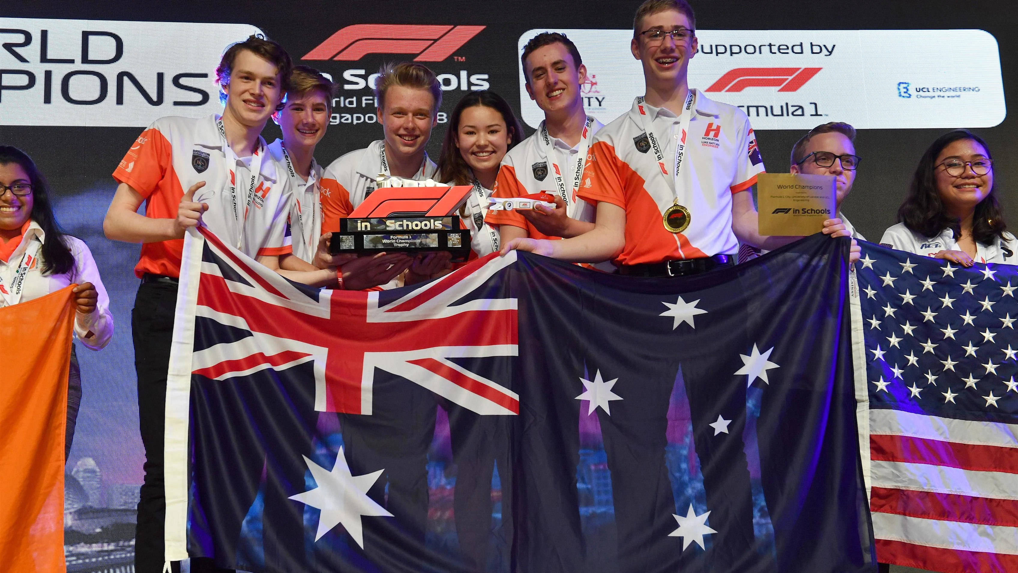 F1 in Schools World Champions Team Horizon celebrate at F1 in Schools World Finals, Resorts World