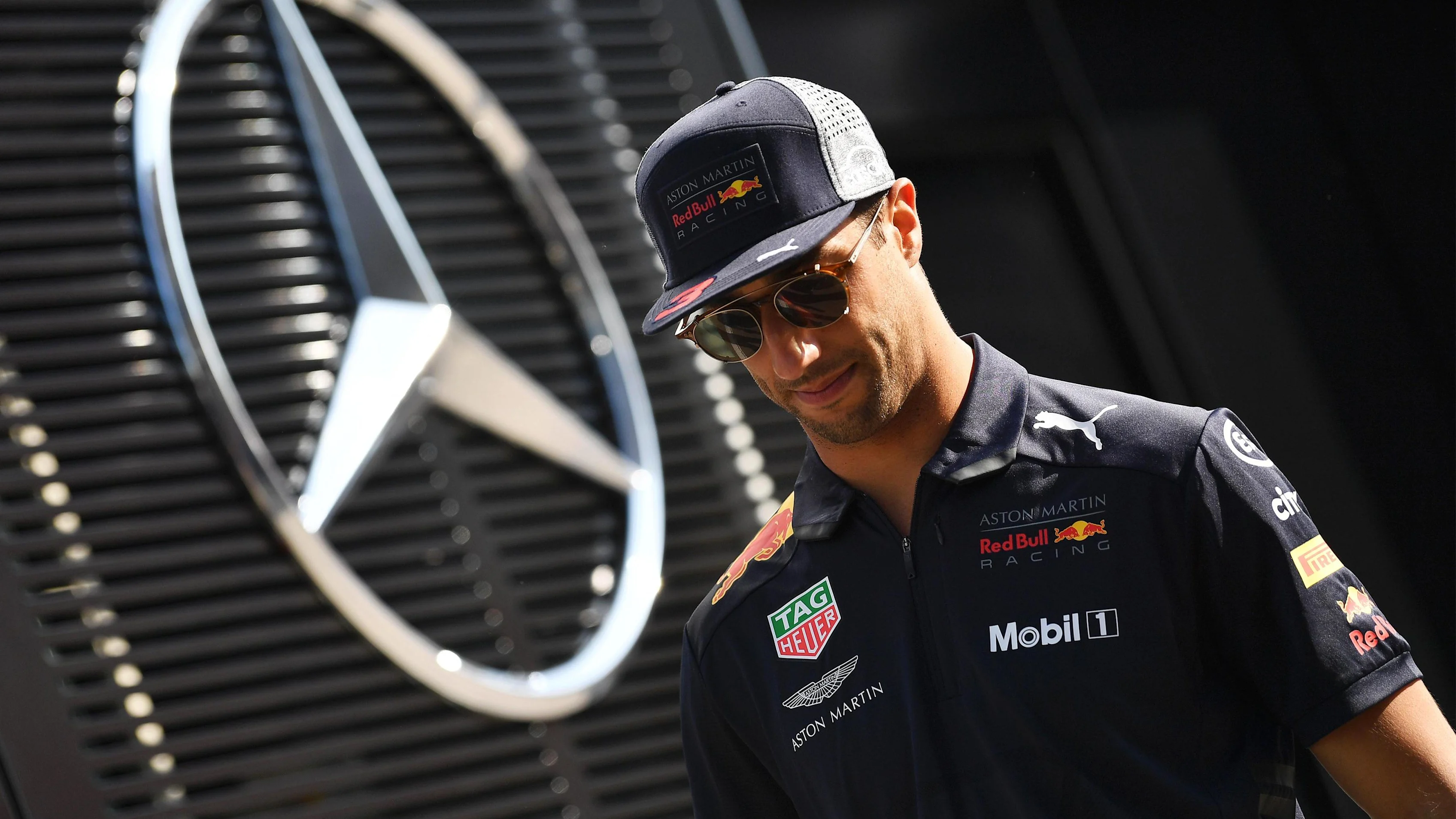Daniel Ricciardo (AUS) Red Bull Racing and Mercedes AMG F1 three pointed star at Formula One World