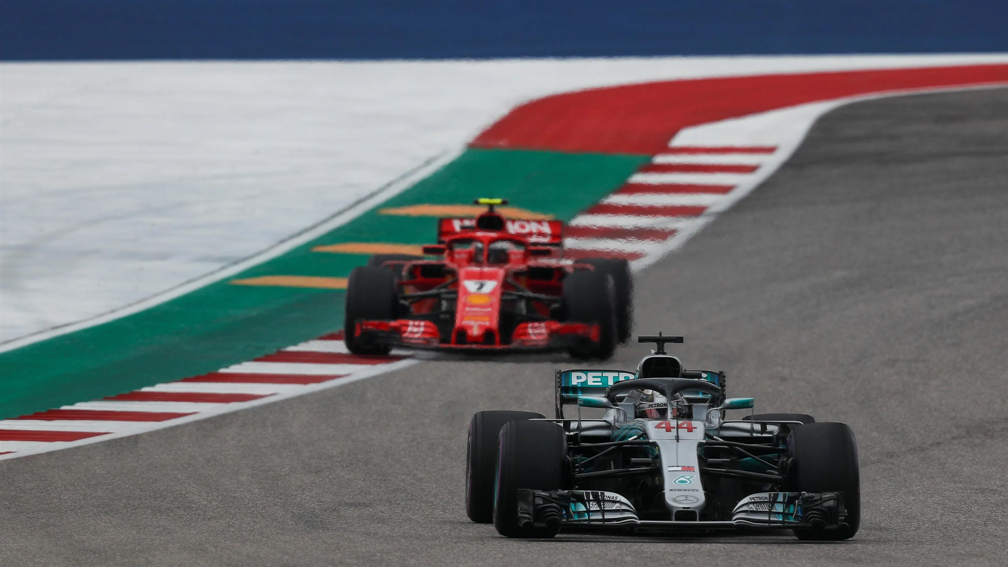 Lewis Hamilton, Mercedes AMG F1 W09 EQ Power+ and Kimi Raikkonen, Ferrari SF71H at Formula World