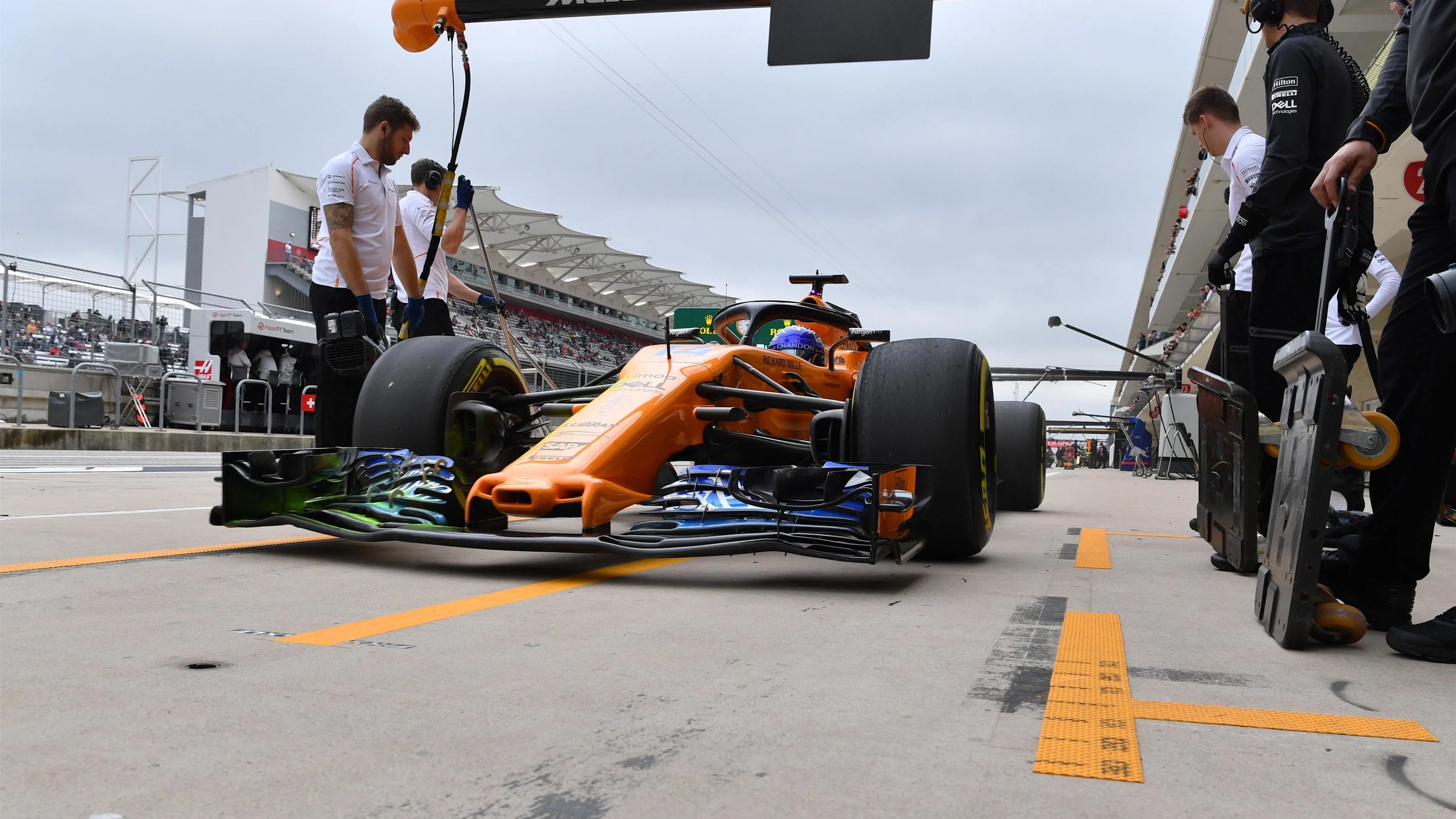 Fernando Alonso, McLaren MCL33 in his pit box at Formula One World Championship, Rd18, United States Grand Prix, Qualifying, Circuit of the Americas, Austin, Texas, USA, Saturday 20 October 2018.