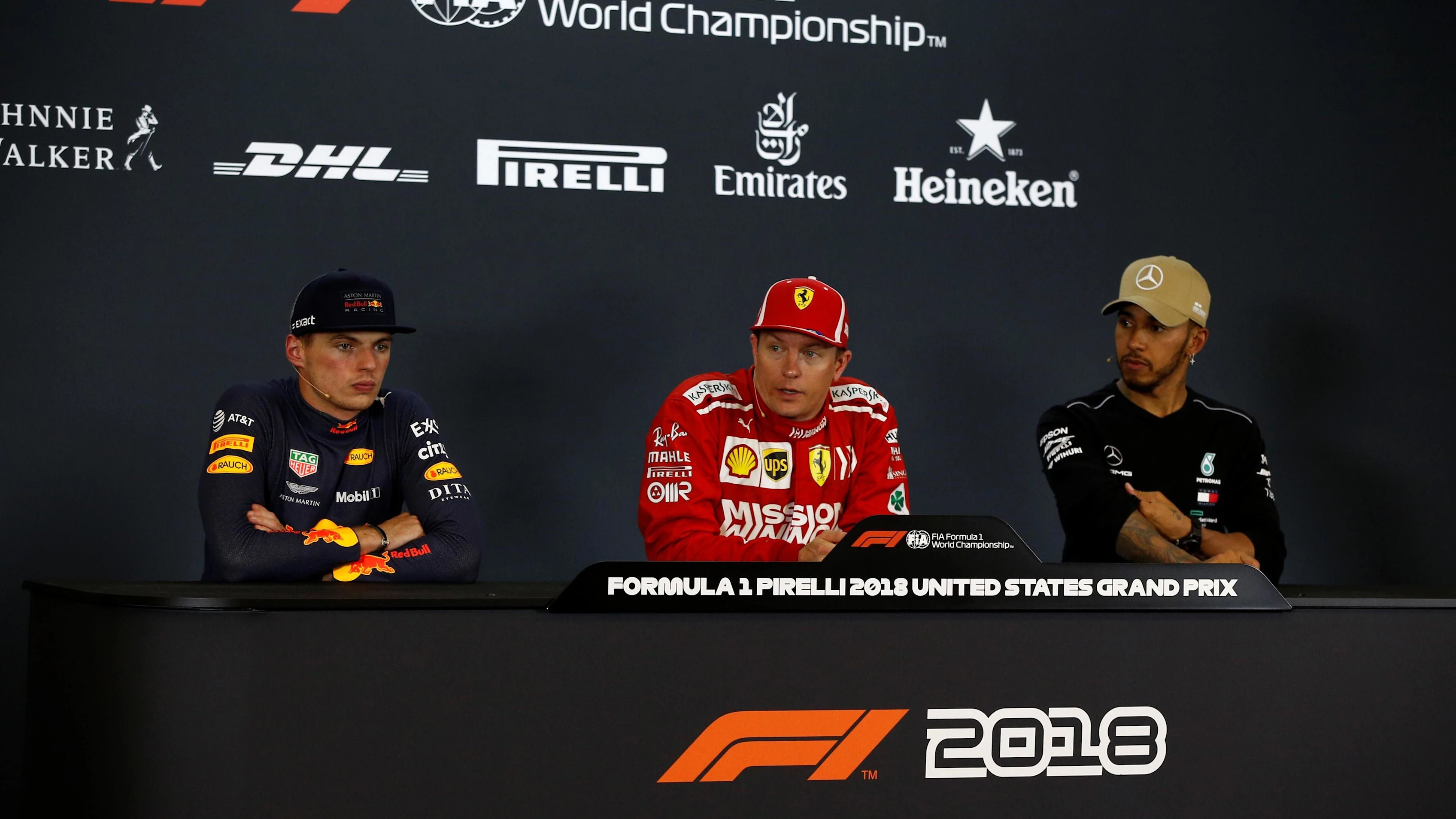(L to R): Max Verstappen, Red Bull Racing, Kimi Raikkonen, Ferrari and Lewis Hamilton, Mercedes AMG
