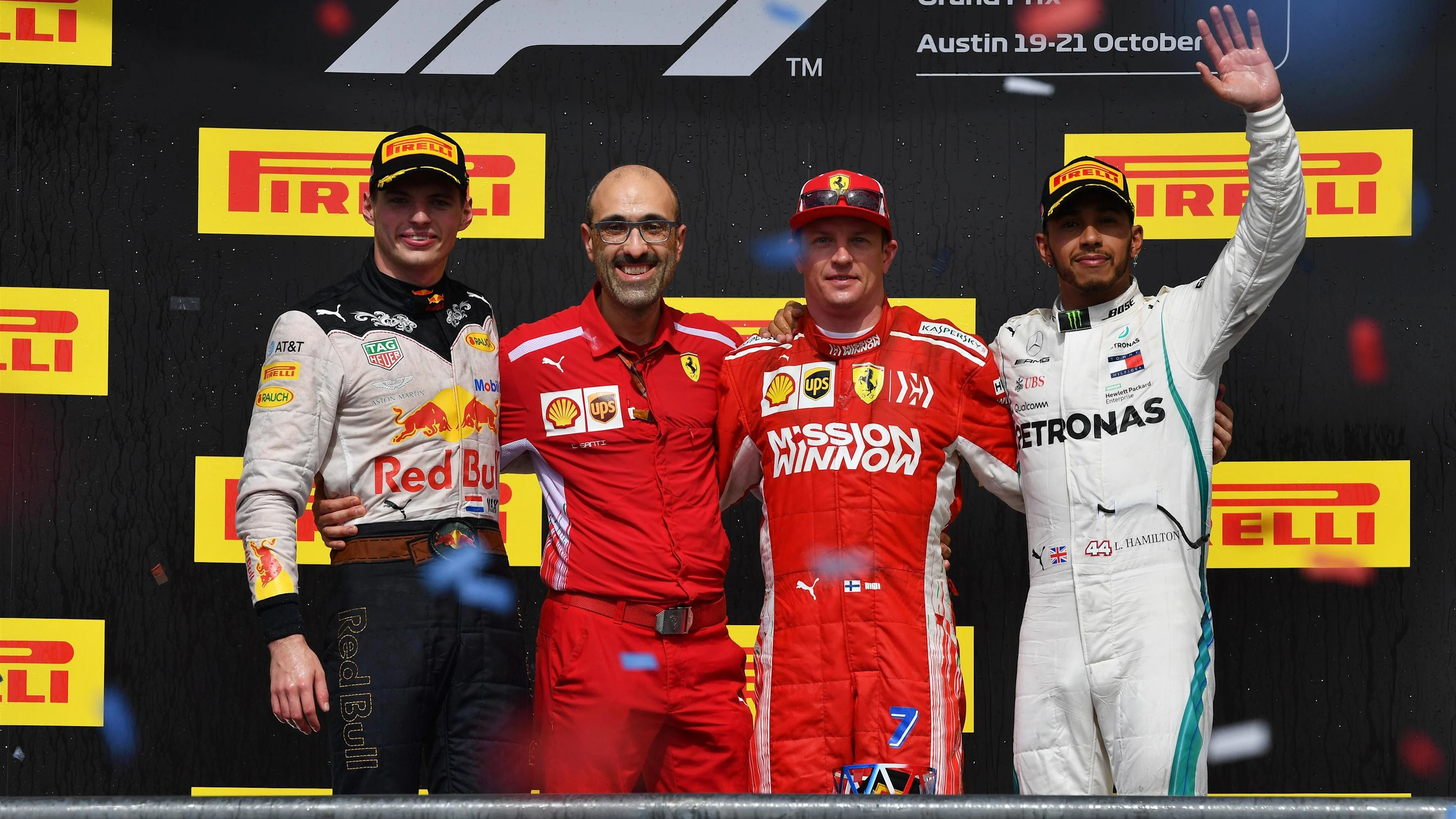 (L to R): Max Verstappen, Red Bull Racing, Carlo Santi, Ferrari Race Engineer, Race Winner Kimi Raikkonen, Ferrari and Lewis Hamilton, Mercedes AMG F1 celebrate on the podium at Formula One World Championship, Rd18, United States Grand Prix, Race, Circuit of the Americas, Austin, Texas, USA, Sunday 21 October 2018.