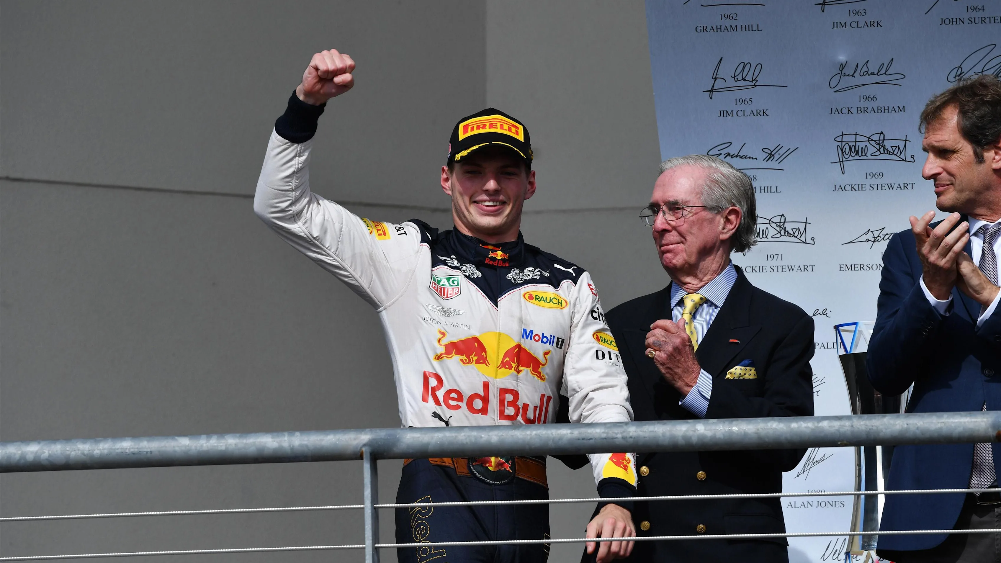 Max Verstappen, Red Bull Racing celebrates on the podium at Formula One World Championship, Rd18,