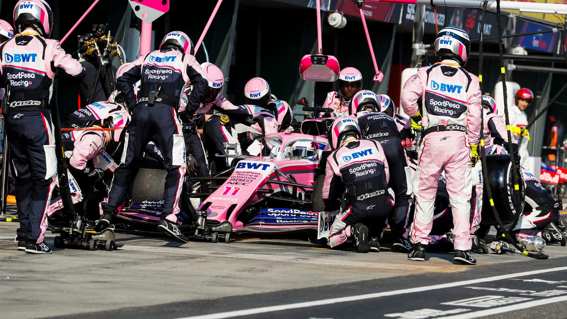 MELBOURNE GRAND PRIX CIRCUIT, AUSTRALIA - MARCH 17: Sergio Perez, Racing Point RP19, makes a pit