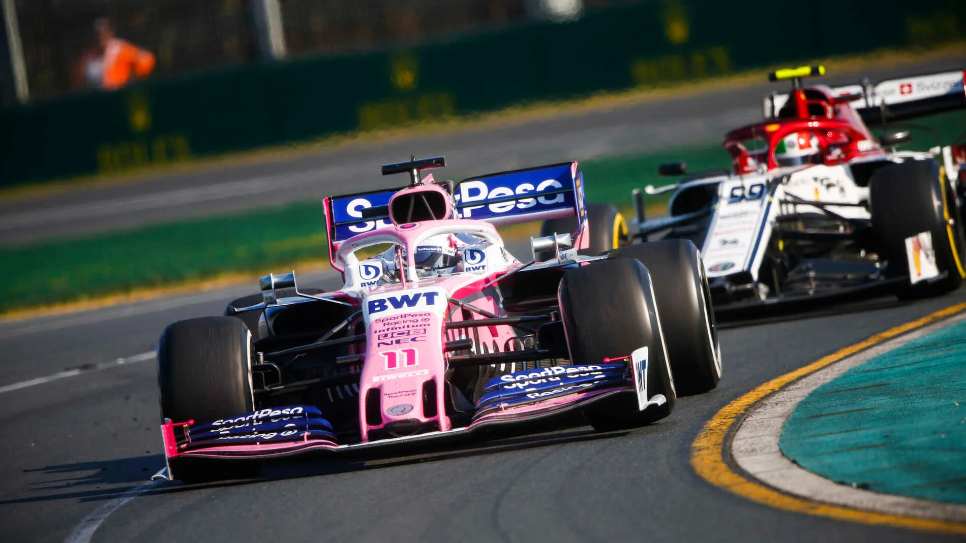 MELBOURNE GRAND PRIX CIRCUIT, AUSTRALIA - MARCH 17: Sergio Perez, Racing Point RP19, leads Antonio