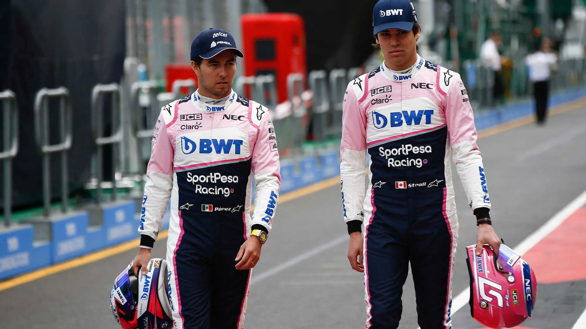 MELBOURNE GRAND PRIX CIRCUIT, AUSTRALIA - MARCH 13: Sergio Perez, Racing Point, and Lance Stroll,